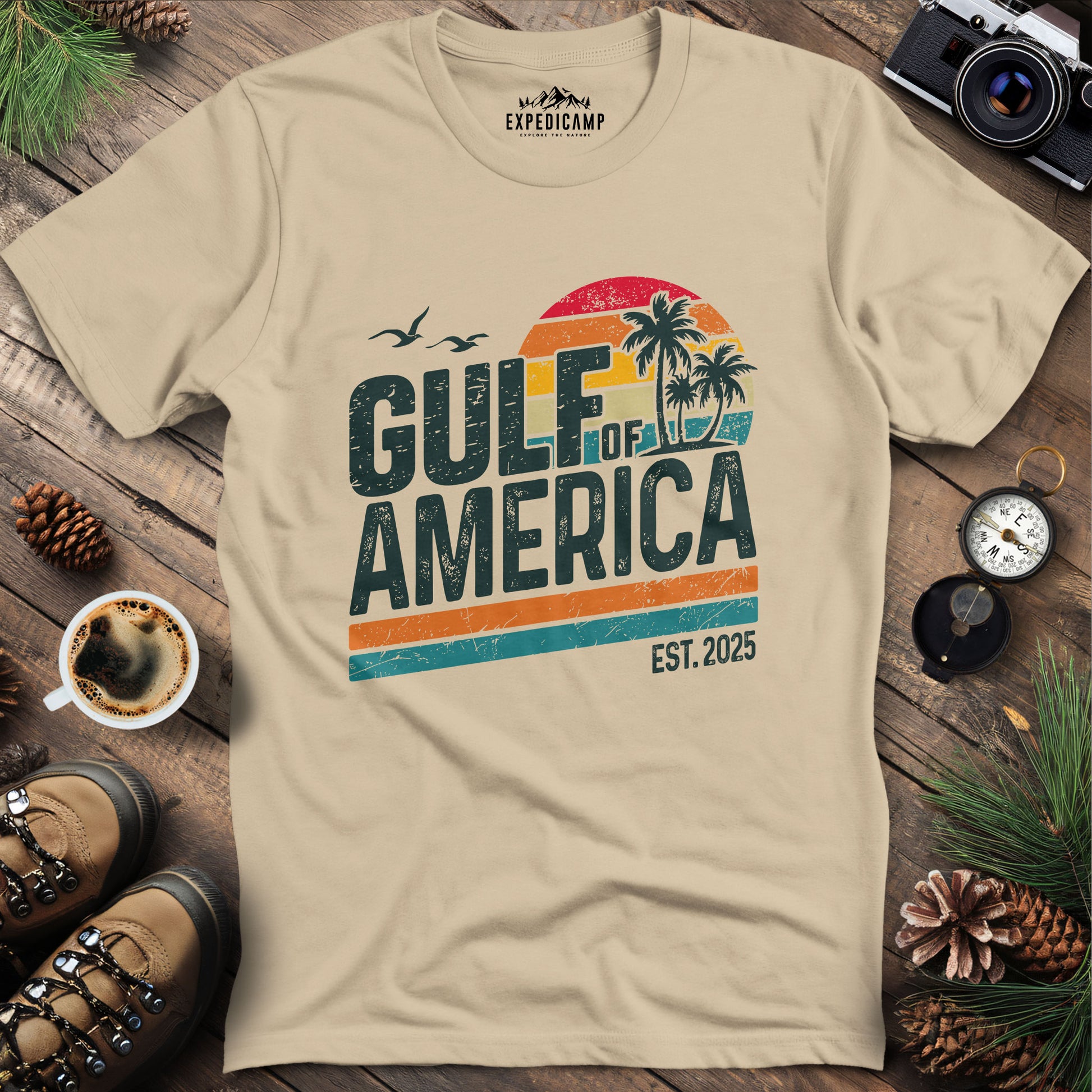 Gulf of America Retro Palm Trees T-Shirt – Sand – Outdoor apparel for travel, hiking, camping, and nature lovers – ExpediCamp