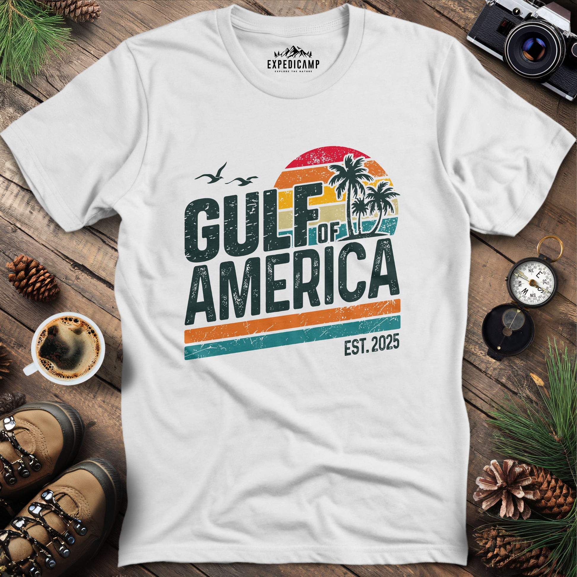 Gulf of America Retro Palm Trees T-Shirt – White – Outdoor apparel for travel, hiking, camping, and nature lovers – ExpediCamp