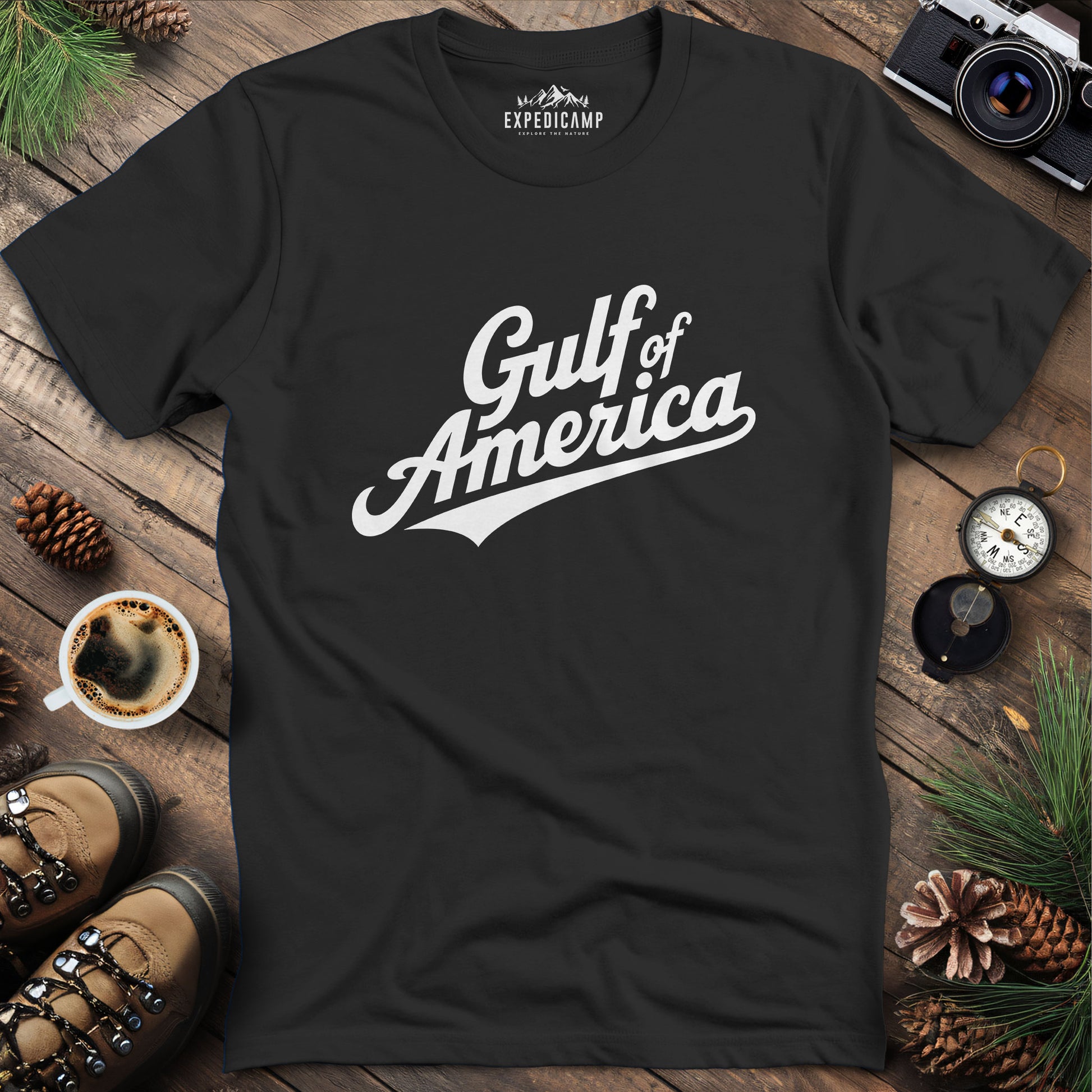 Gulf of America Vintage Script T-Shirt – Black – Outdoor apparel for travel, hiking, camping, and nature lovers – ExpediCamp