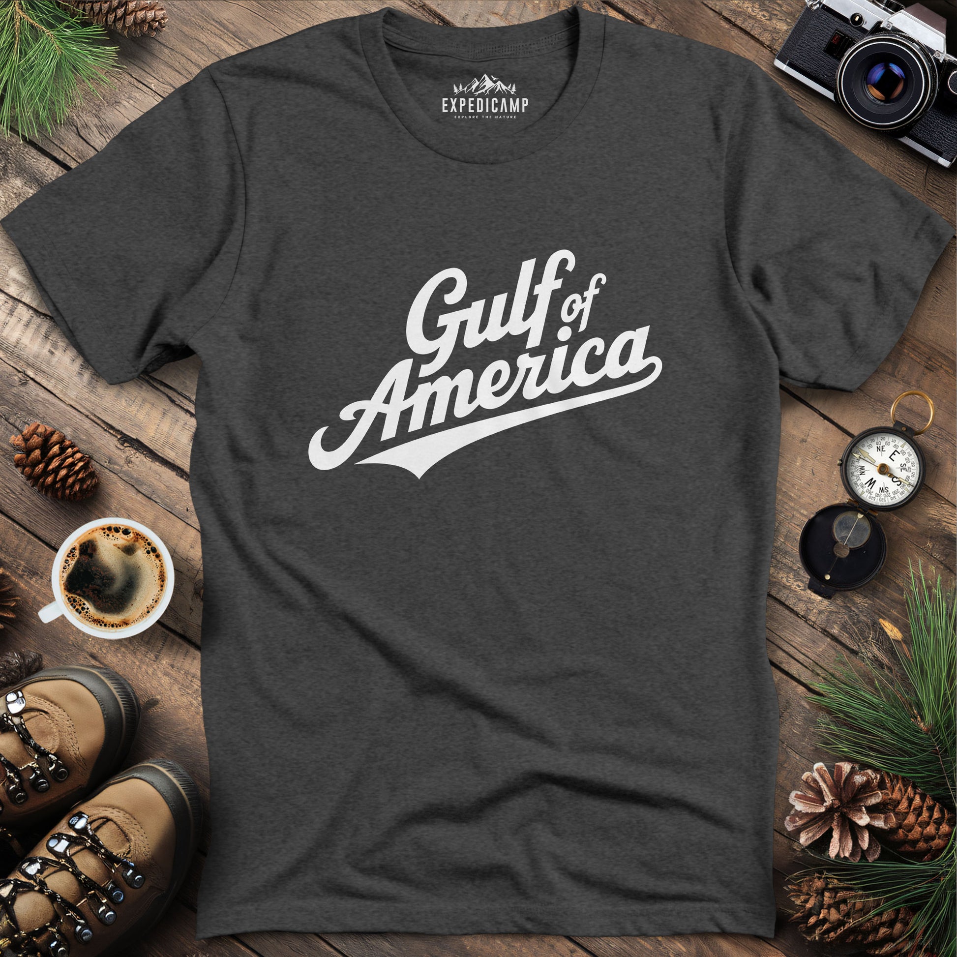 Gulf of America Vintage Script T-Shirt – Dark Heather – Outdoor apparel for travel, hiking, camping, and nature lovers – ExpediCamp