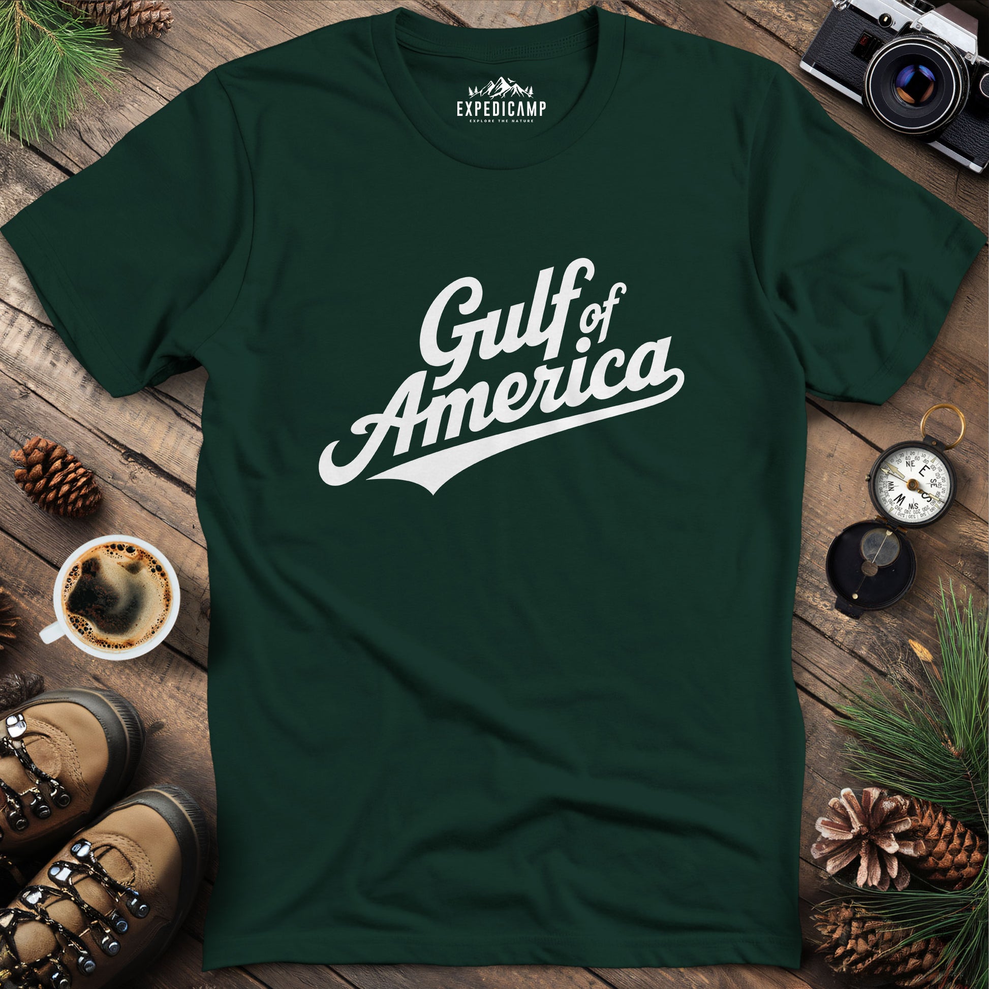 Gulf of America Vintage Script T-Shirt – Forest Green – Outdoor apparel for travel, hiking, camping, and nature lovers – ExpediCamp