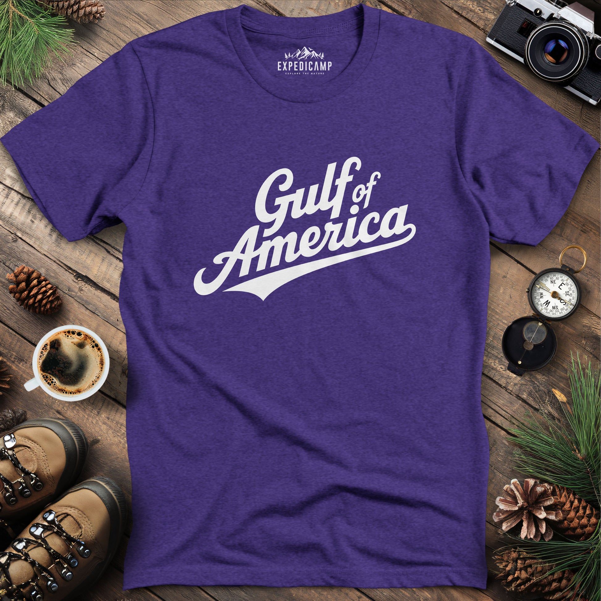 Gulf of America Vintage Script T-Shirt – Heather Purple – Outdoor apparel for travel, hiking, camping, and nature lovers – ExpediCamp