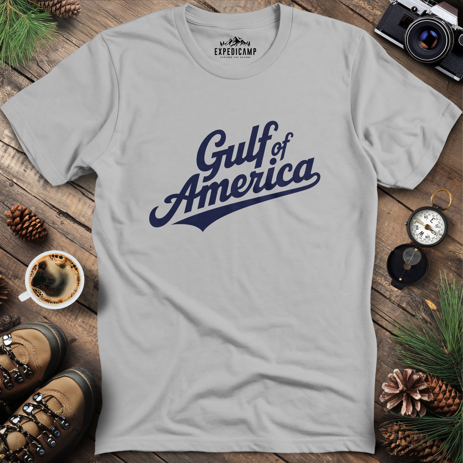 Gulf of America Vintage Script T-Shirt – Ice Grey – Outdoor apparel for travel, hiking, camping, and nature lovers – ExpediCamp