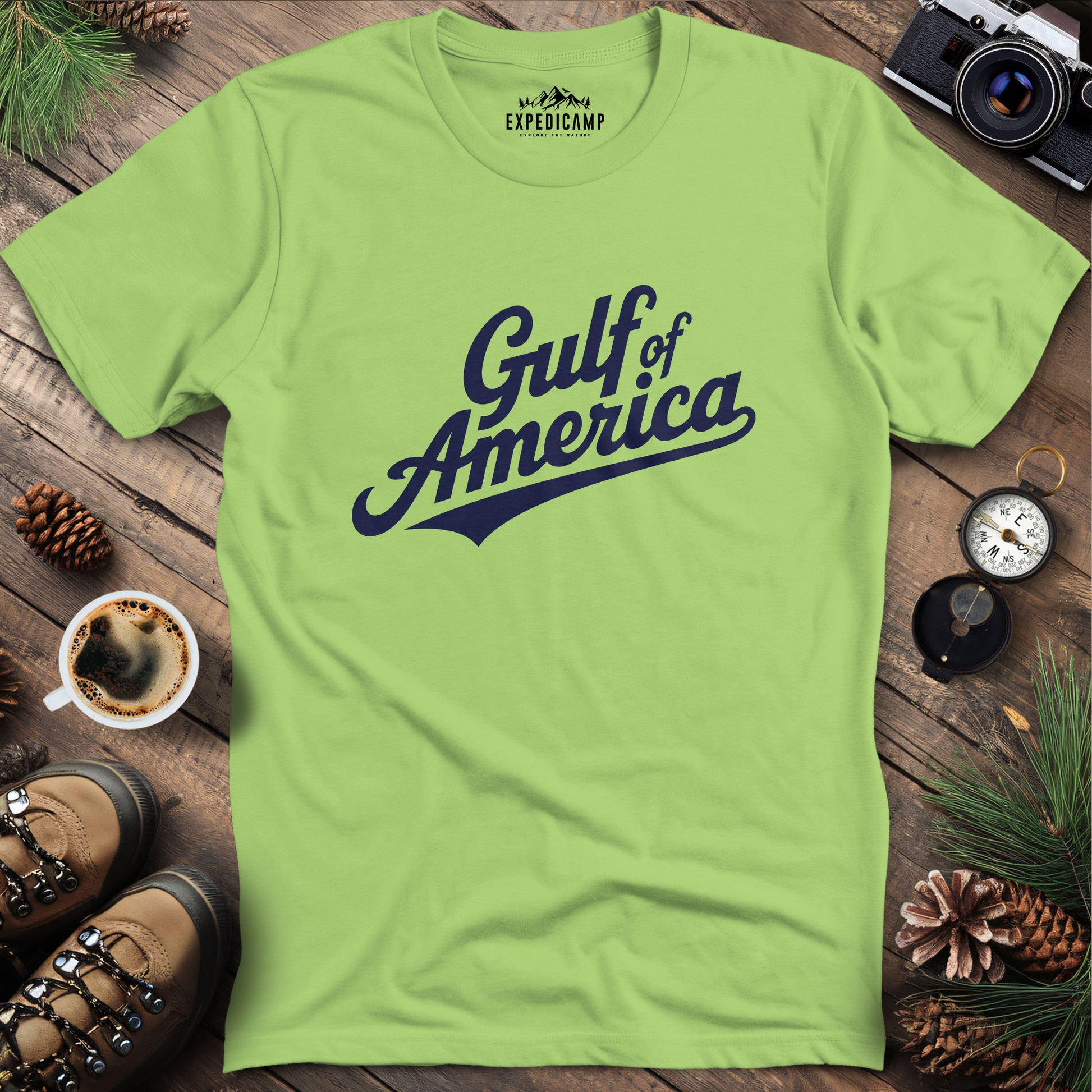 Gulf of America Vintage Script T-Shirt – Kiwi – Outdoor apparel for travel, hiking, camping, and nature lovers – ExpediCamp