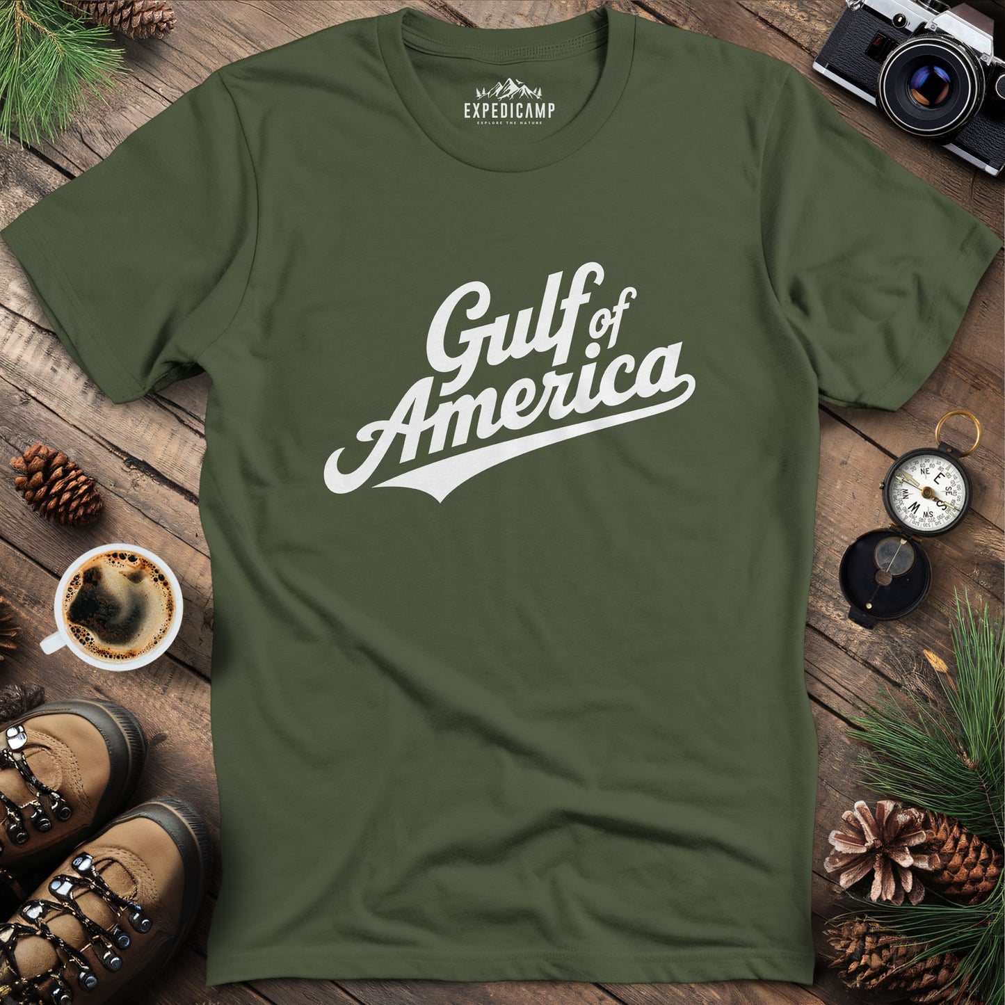 Gulf of America Vintage Script T-Shirt – Military Green – Outdoor apparel for travel, hiking, camping, and nature lovers – ExpediCamp