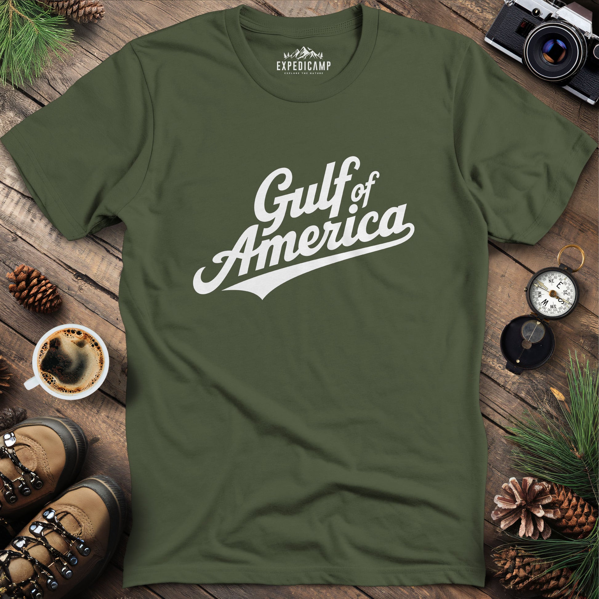Gulf of America Vintage Script T-Shirt – Military Green – Outdoor apparel for travel, hiking, camping, and nature lovers – ExpediCamp