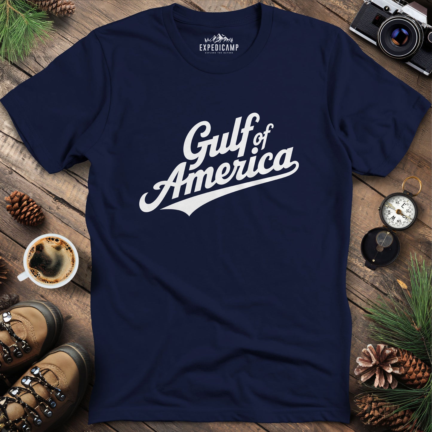 Gulf of America Vintage Script T-Shirt – Navy – Outdoor apparel for travel, hiking, camping, and nature lovers – ExpediCamp