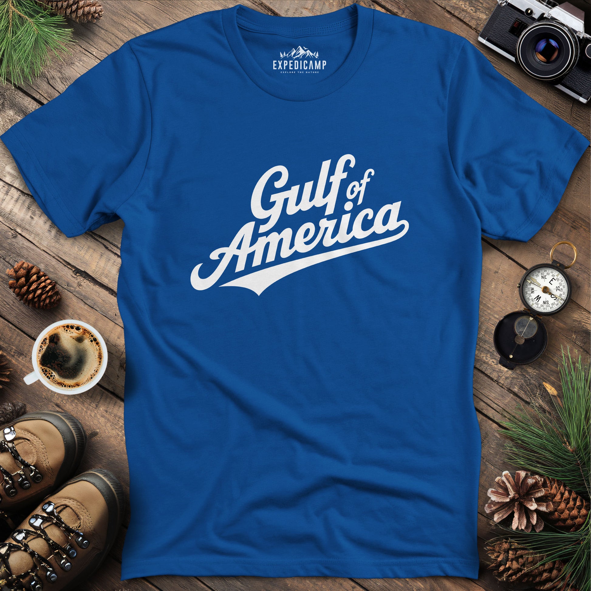 Gulf of America Vintage Script T-Shirt – Royal – Outdoor apparel for travel, hiking, camping, and nature lovers – ExpediCamp