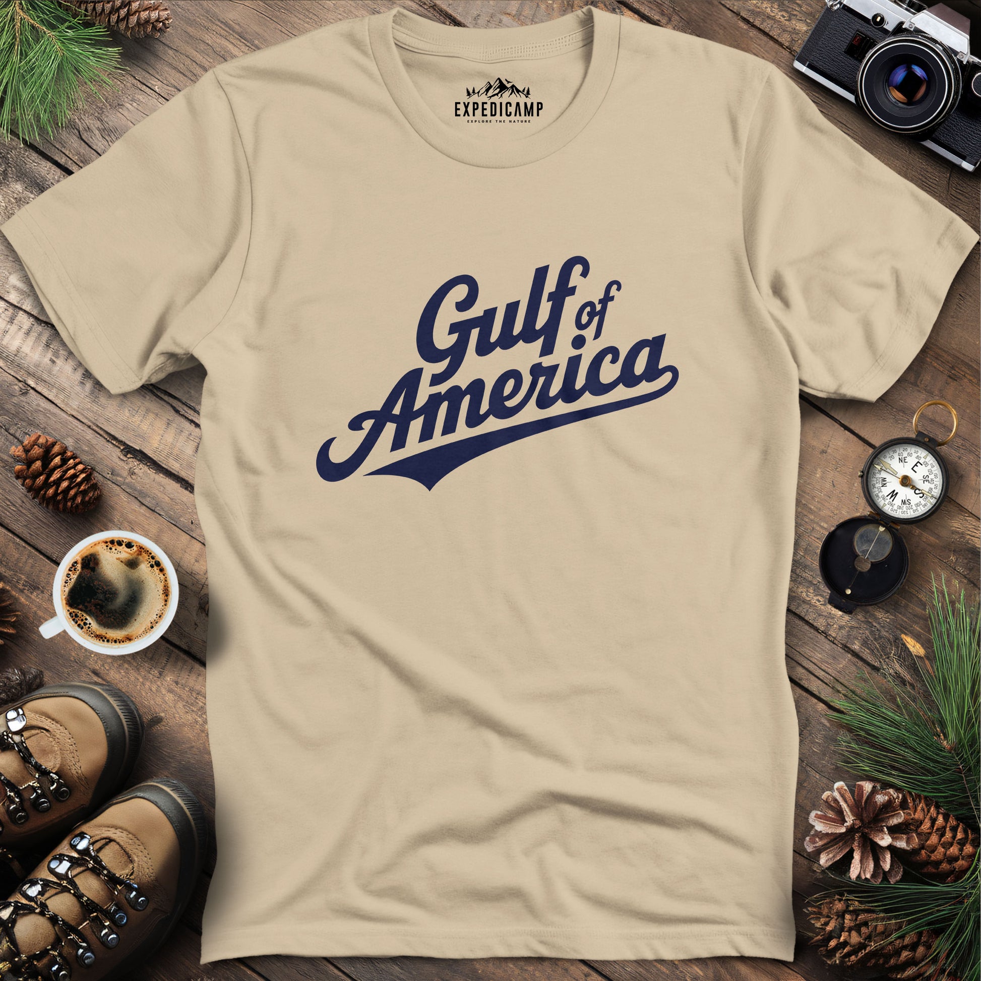 Gulf of America Vintage Script T-Shirt – Sand – Outdoor apparel for travel, hiking, camping, and nature lovers – ExpediCamp