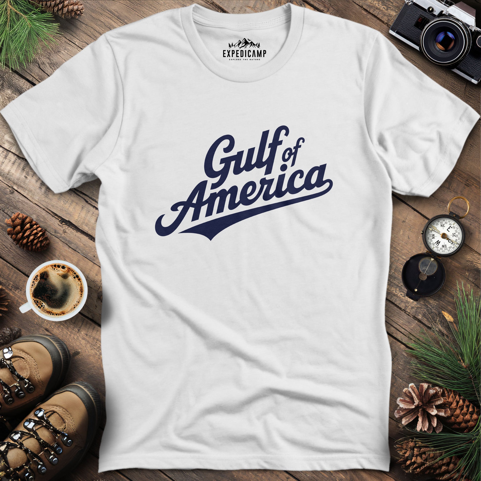 Gulf of America Vintage Script T-Shirt – White – Outdoor apparel for travel, hiking, camping, and nature lovers – ExpediCamp