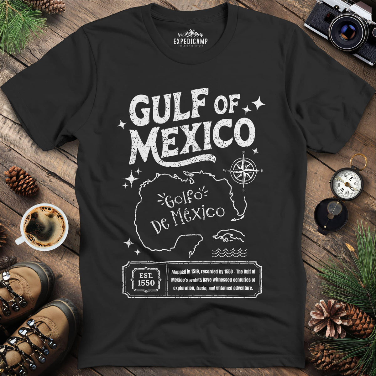 Gulf of Mexico Historical Map T-Shirt – Black – Outdoor apparel for travel, hiking, camping, and nature lovers – ExpediCamp