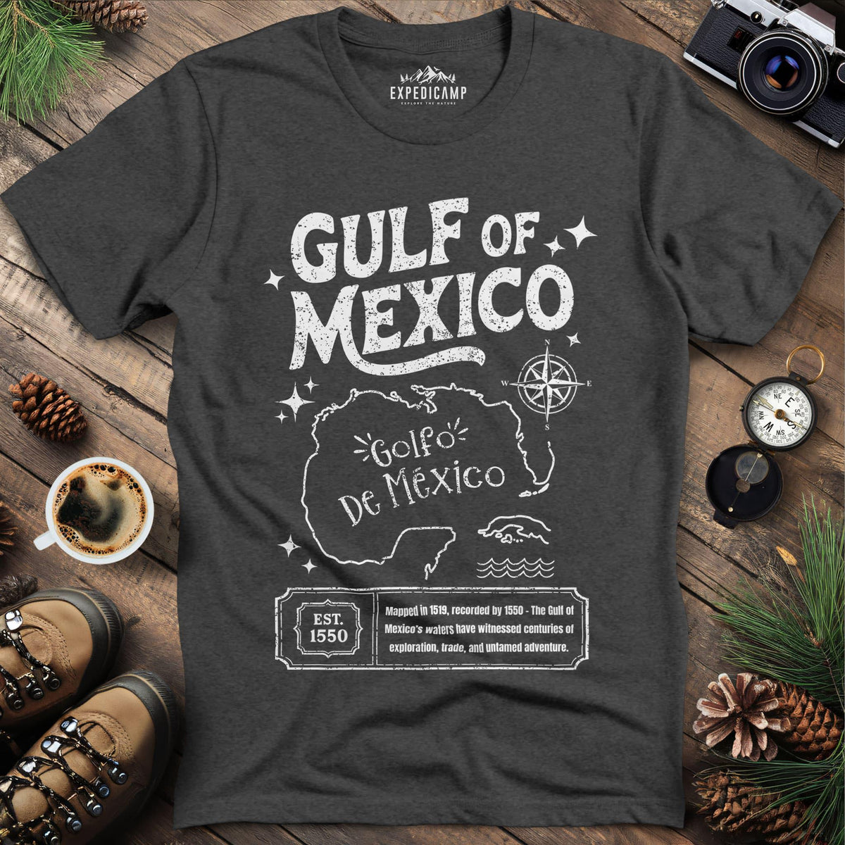 Gulf of Mexico Historical Map T-Shirt – Dark Heather – Outdoor apparel for travel, hiking, camping, and nature lovers – ExpediCamp
