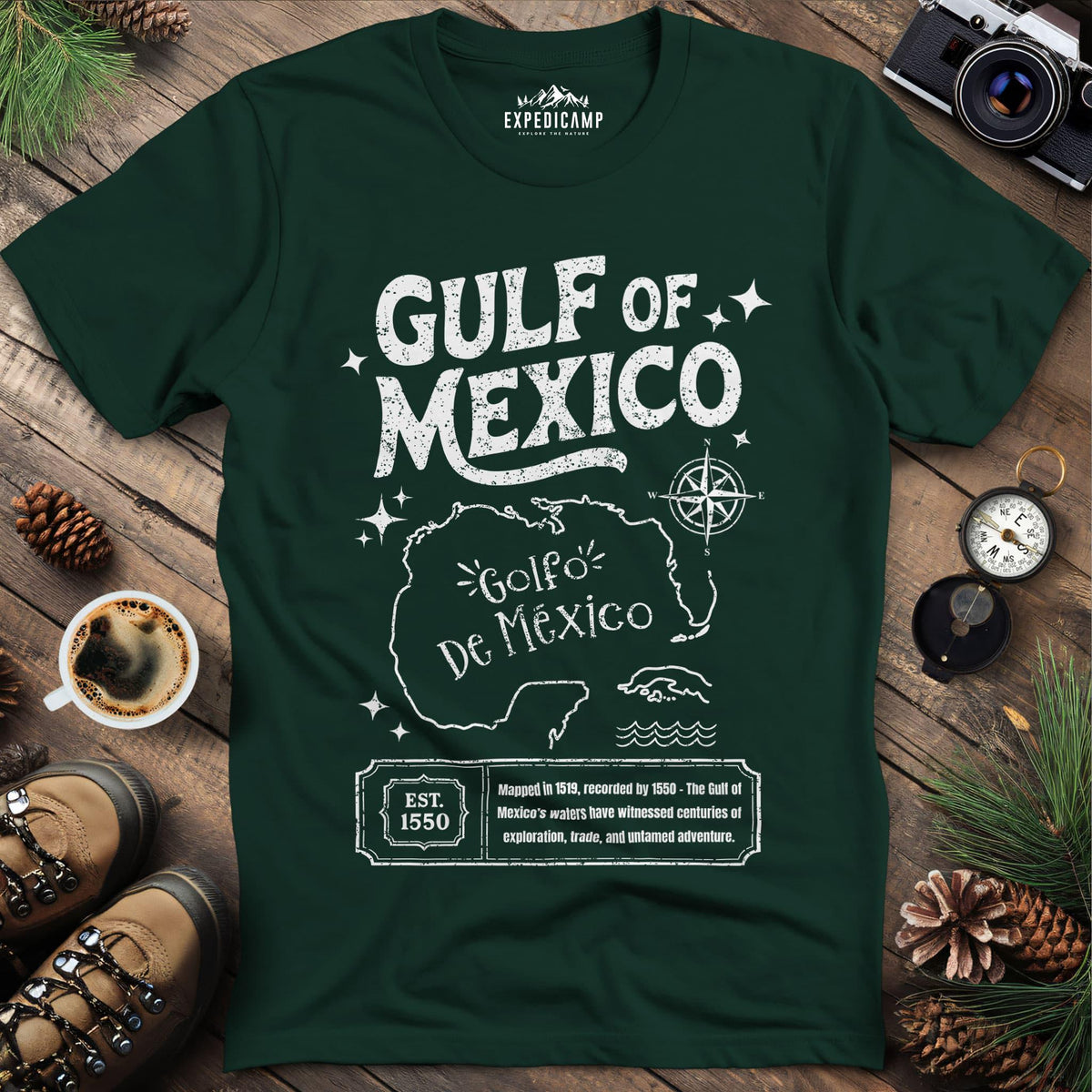 Gulf of Mexico Historical Map T-Shirt – Forest Green – Outdoor apparel for travel, hiking, camping, and nature lovers – ExpediCamp