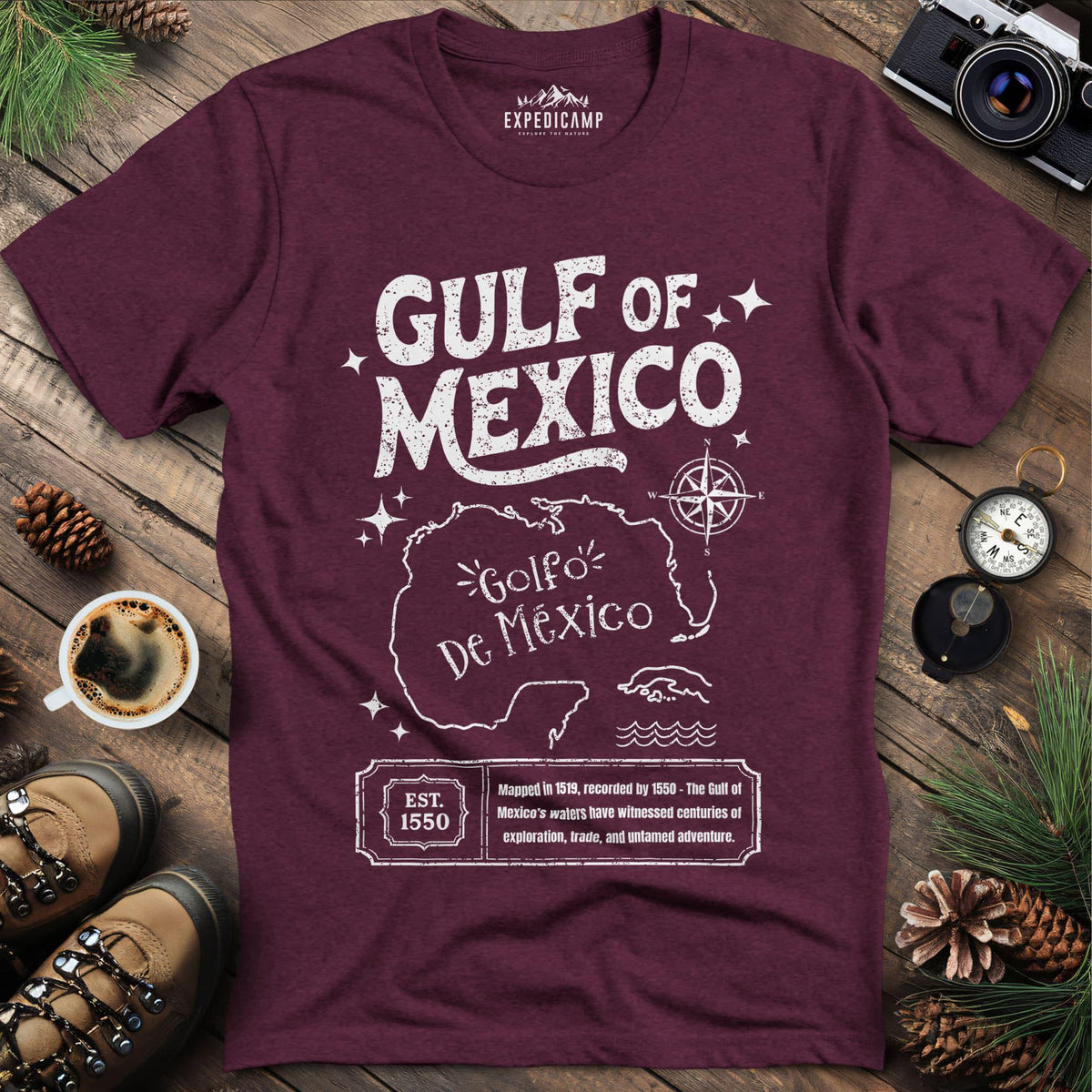 Gulf of Mexico Historical Map T-Shirt – Heather Maroon – Outdoor apparel for travel, hiking, camping, and nature lovers – ExpediCamp
