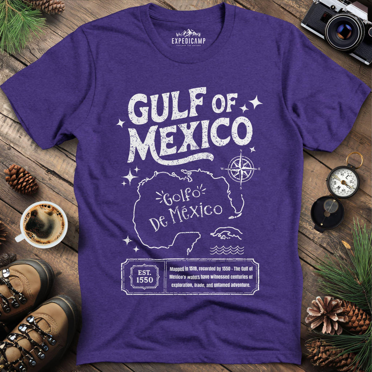 Gulf of Mexico Historical Map T-Shirt – Heather Purple – Outdoor apparel for travel, hiking, camping, and nature lovers – ExpediCamp