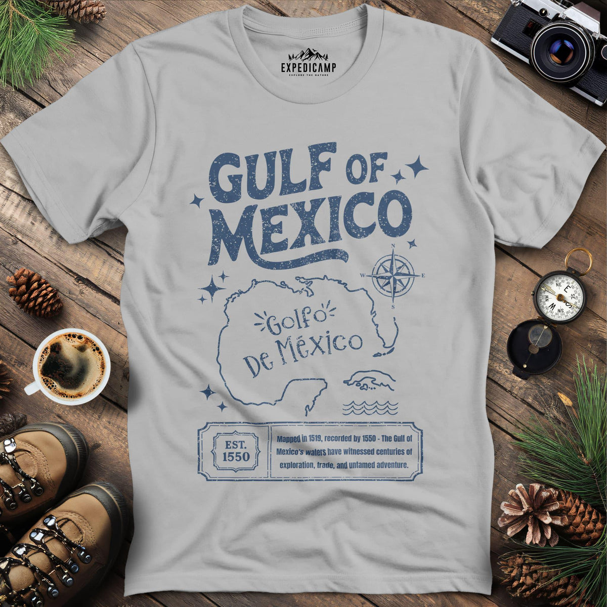 Gulf of Mexico Historical Map T-Shirt – Ice Grey – Outdoor apparel for travel, hiking, camping, and nature lovers – ExpediCamp