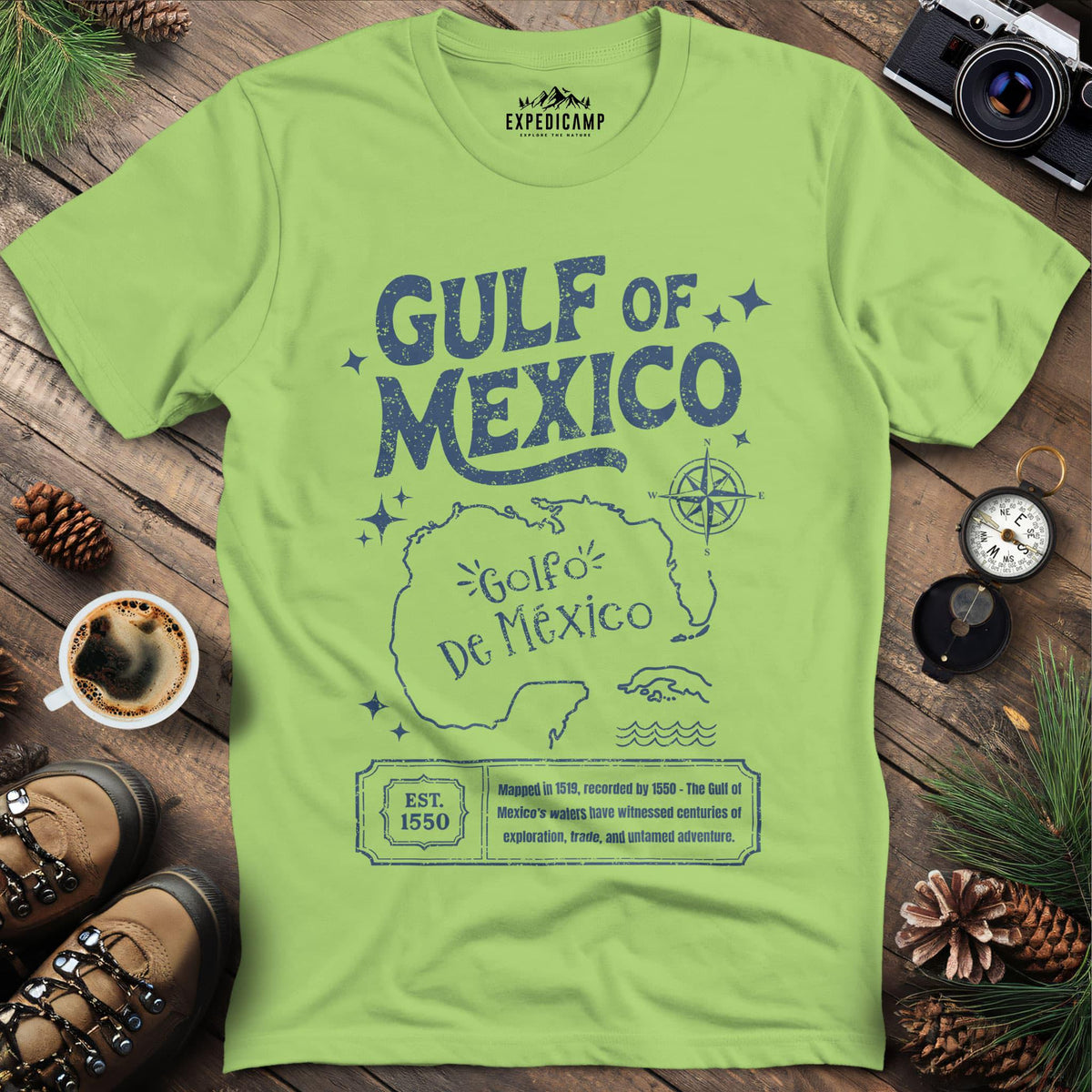 Gulf of Mexico Historical Map T-Shirt – Kiwi – Outdoor apparel for travel, hiking, camping, and nature lovers – ExpediCamp