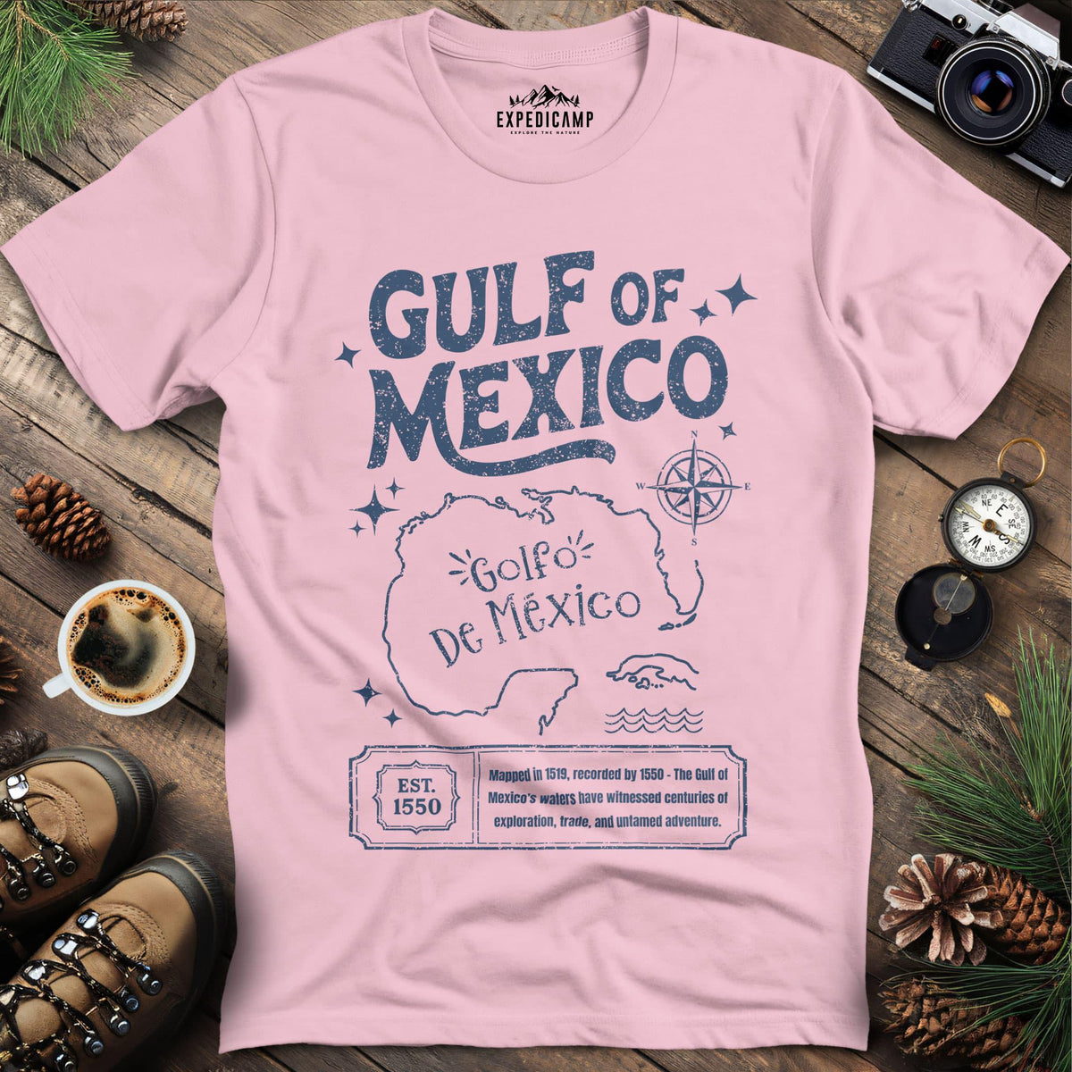 Gulf of Mexico Historical Map T-Shirt – Light Pink – Outdoor apparel for travel, hiking, camping, and nature lovers – ExpediCamp