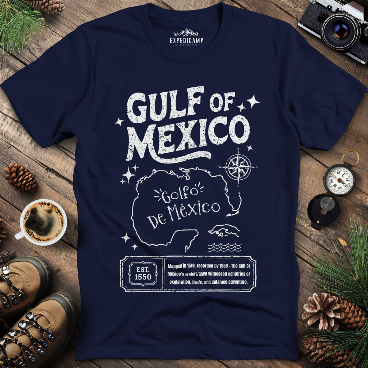 Gulf of Mexico Historical Map T-Shirt – Navy – Outdoor apparel for travel, hiking, camping, and nature lovers – ExpediCamp