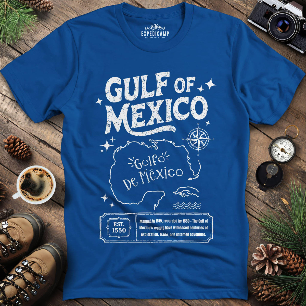 Gulf of Mexico Historical Map T-Shirt – Royal – Outdoor apparel for travel, hiking, camping, and nature lovers – ExpediCamp