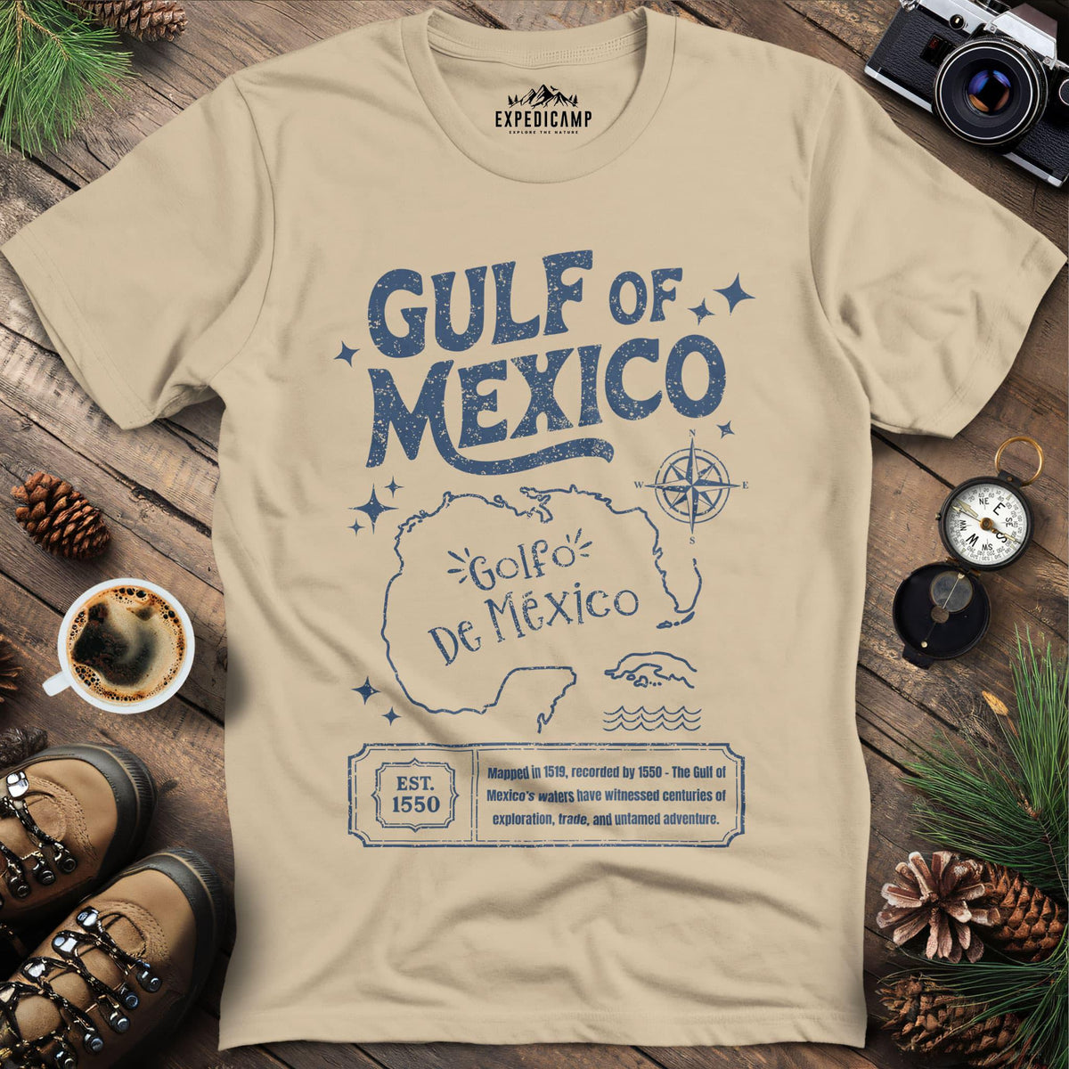 Gulf of Mexico Historical Map T-Shirt – Sand – Outdoor apparel for travel, hiking, camping, and nature lovers – ExpediCamp
