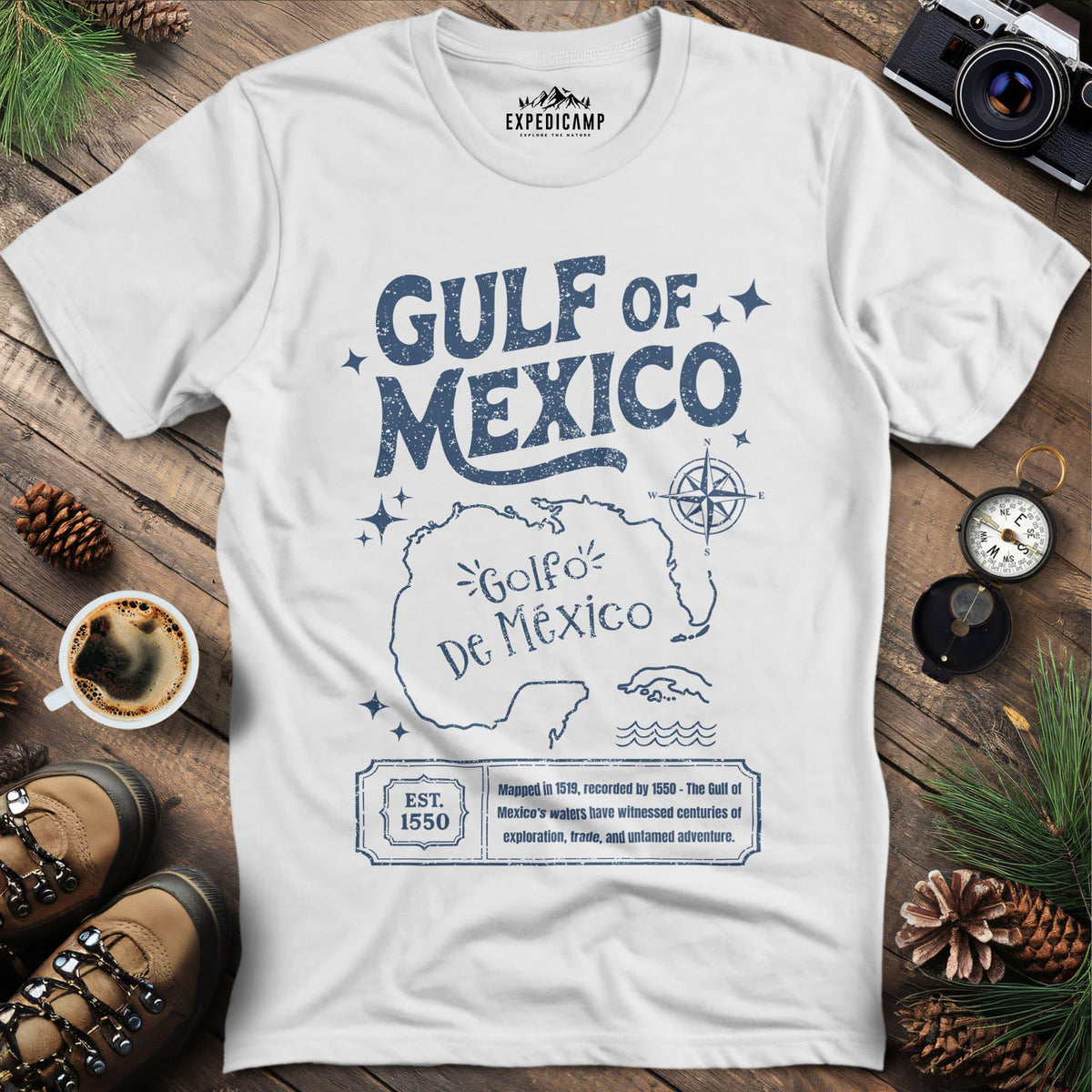 Gulf of Mexico Historical Map T-Shirt – White – Outdoor apparel for travel, hiking, camping, and nature lovers – ExpediCamp