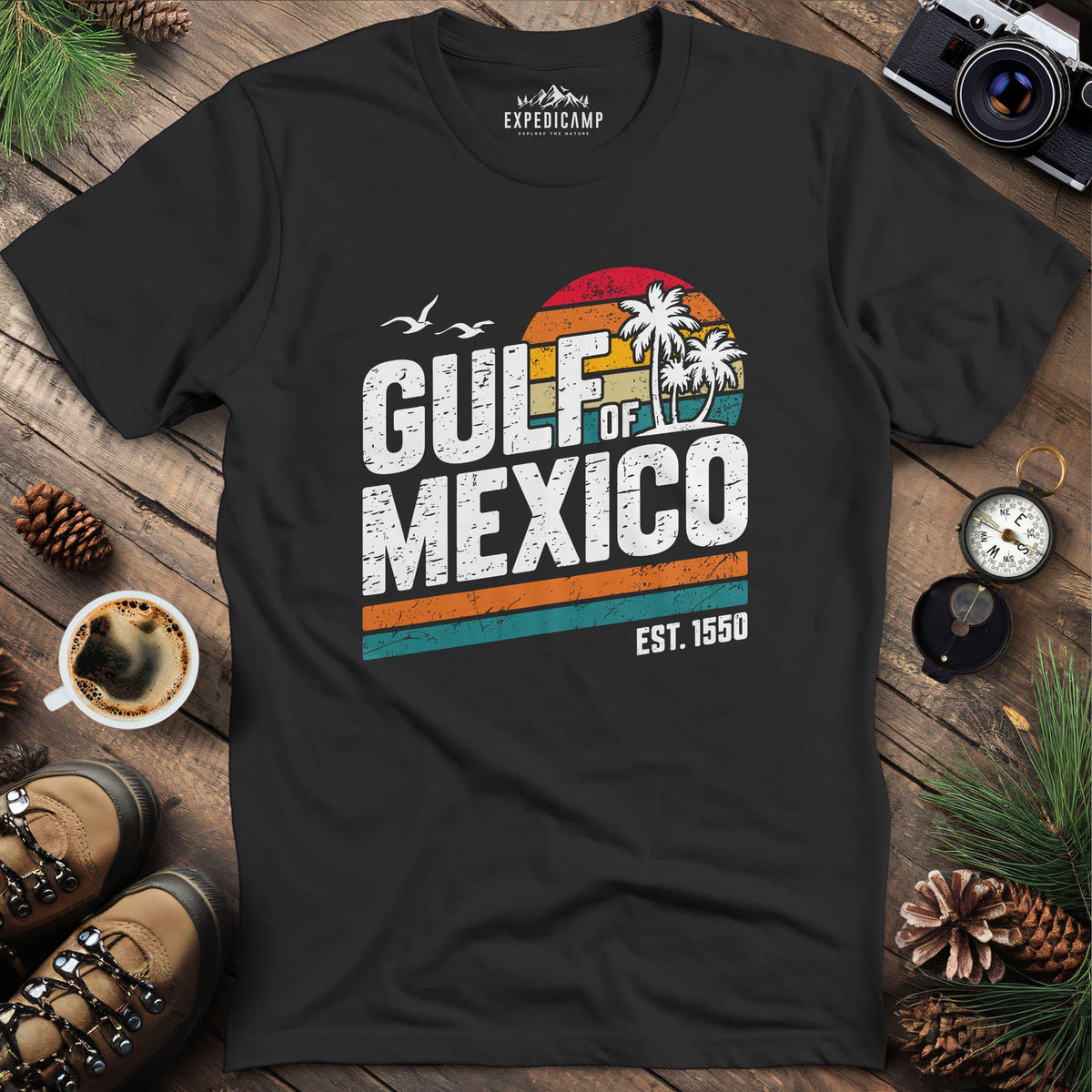 Gulf of Mexico Vintage Sunset T-Shirt – Black – Outdoor apparel for travel, hiking, camping, and nature lovers – ExpediCamp