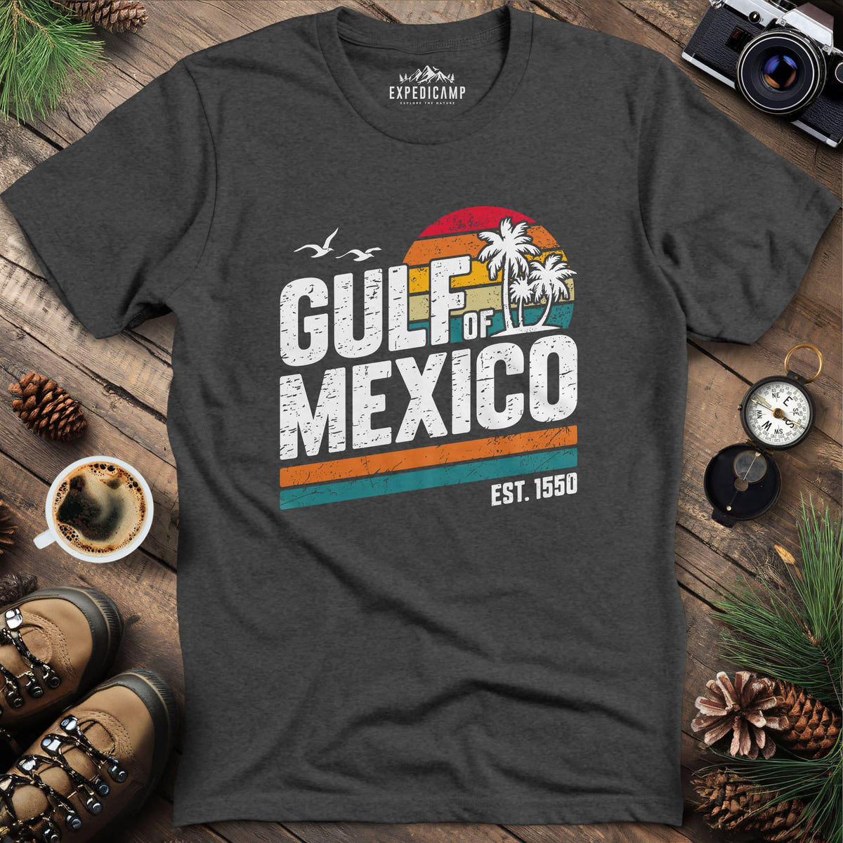 Gulf of Mexico Vintage Sunset T-Shirt – Dark Heather – Outdoor apparel for travel, hiking, camping, and nature lovers – ExpediCamp