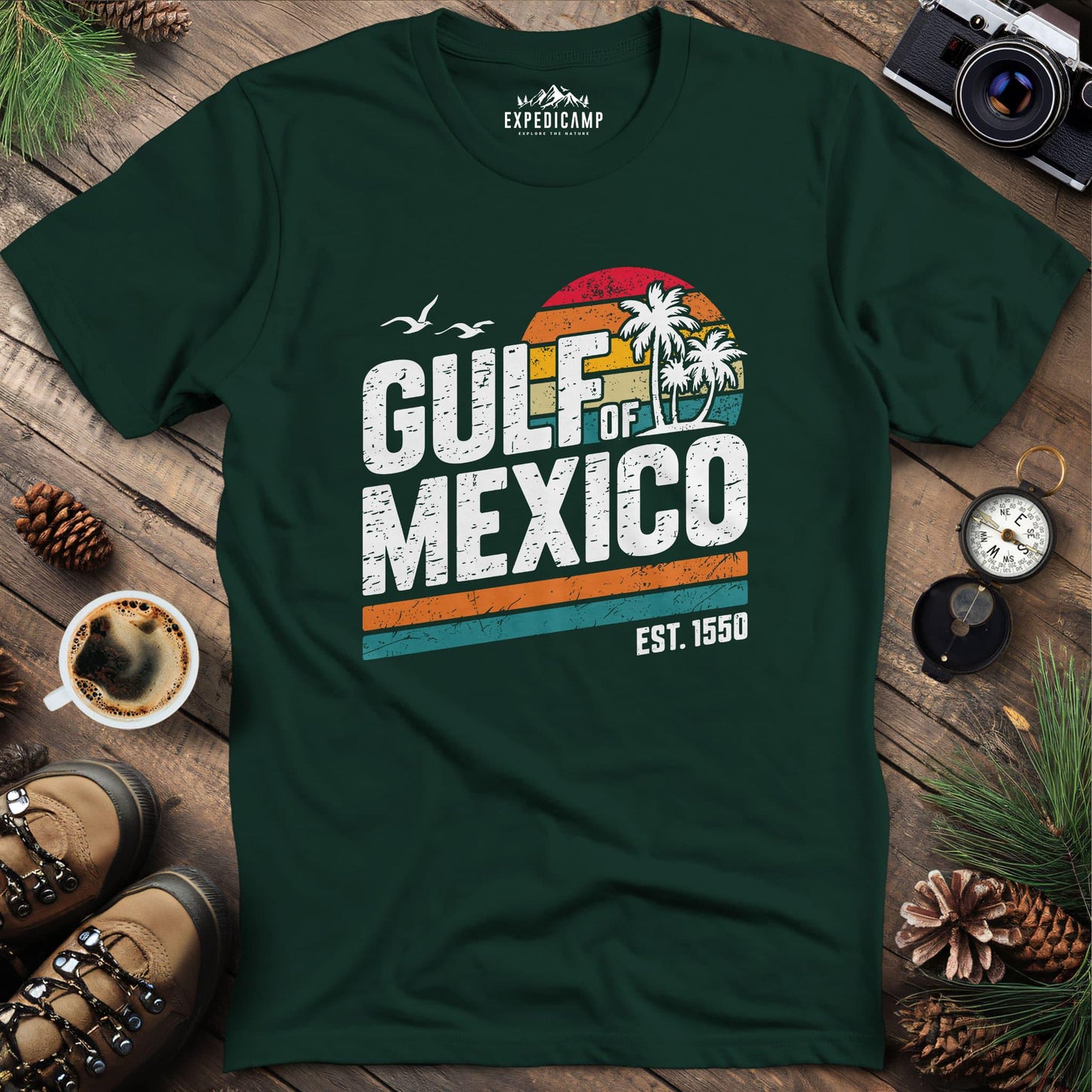 Gulf of Mexico Vintage Sunset T-Shirt – Forest Green – Outdoor apparel for travel, hiking, camping, and nature lovers – ExpediCamp