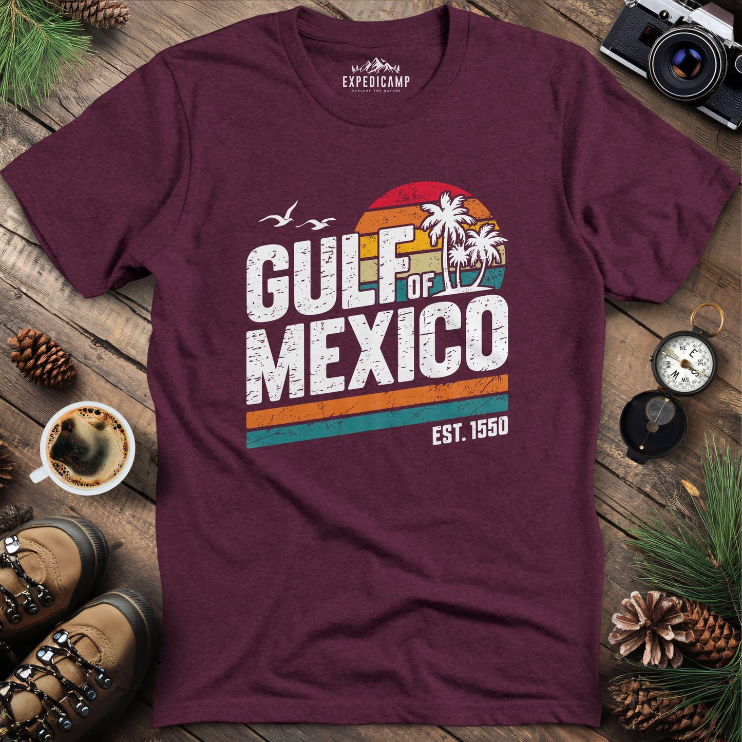 Gulf of Mexico Vintage Sunset T-Shirt – Heather Maroon – Outdoor apparel for travel, hiking, camping, and nature lovers – ExpediCamp