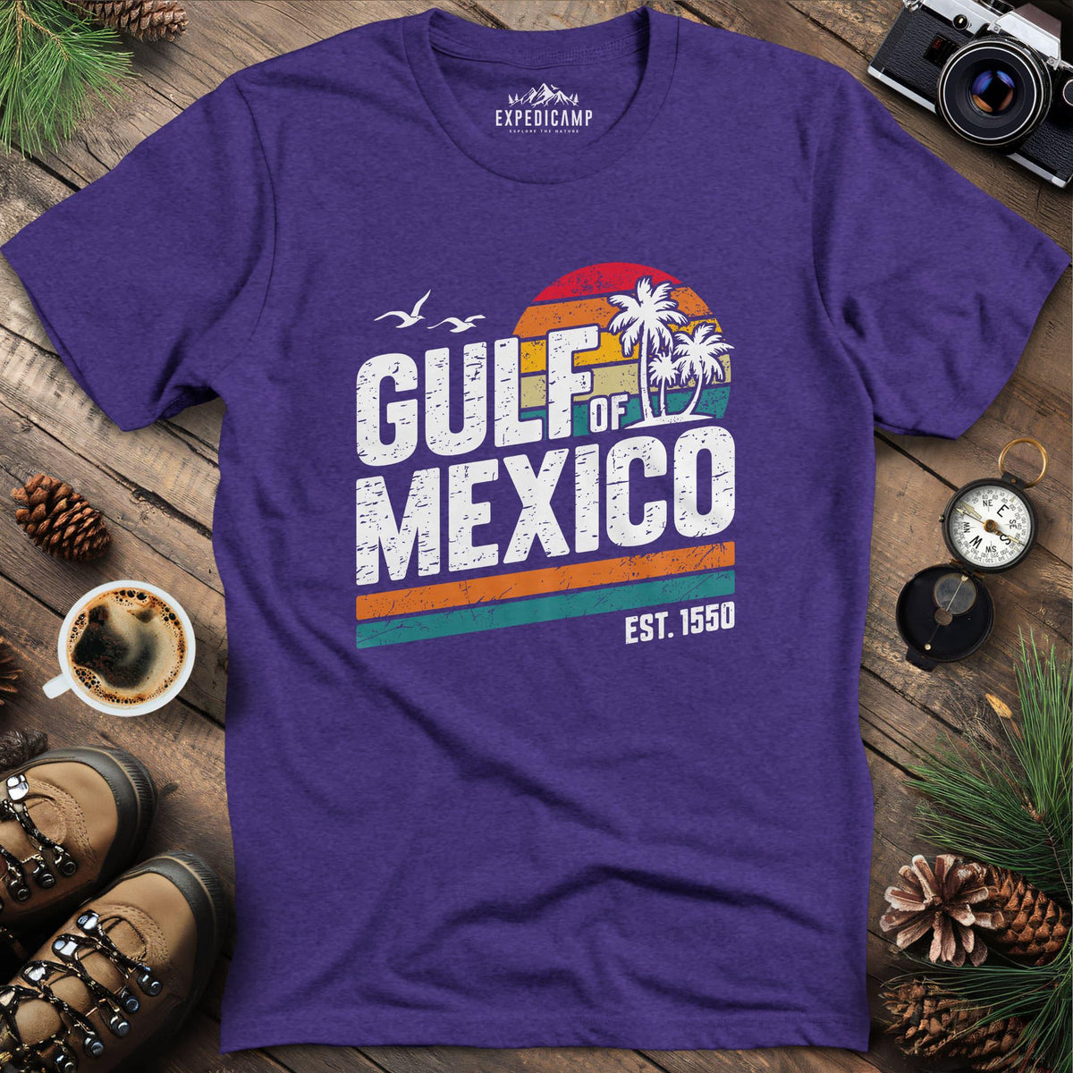 Gulf of Mexico Vintage Sunset T-Shirt – Heather Purple – Outdoor apparel for travel, hiking, camping, and nature lovers – ExpediCamp