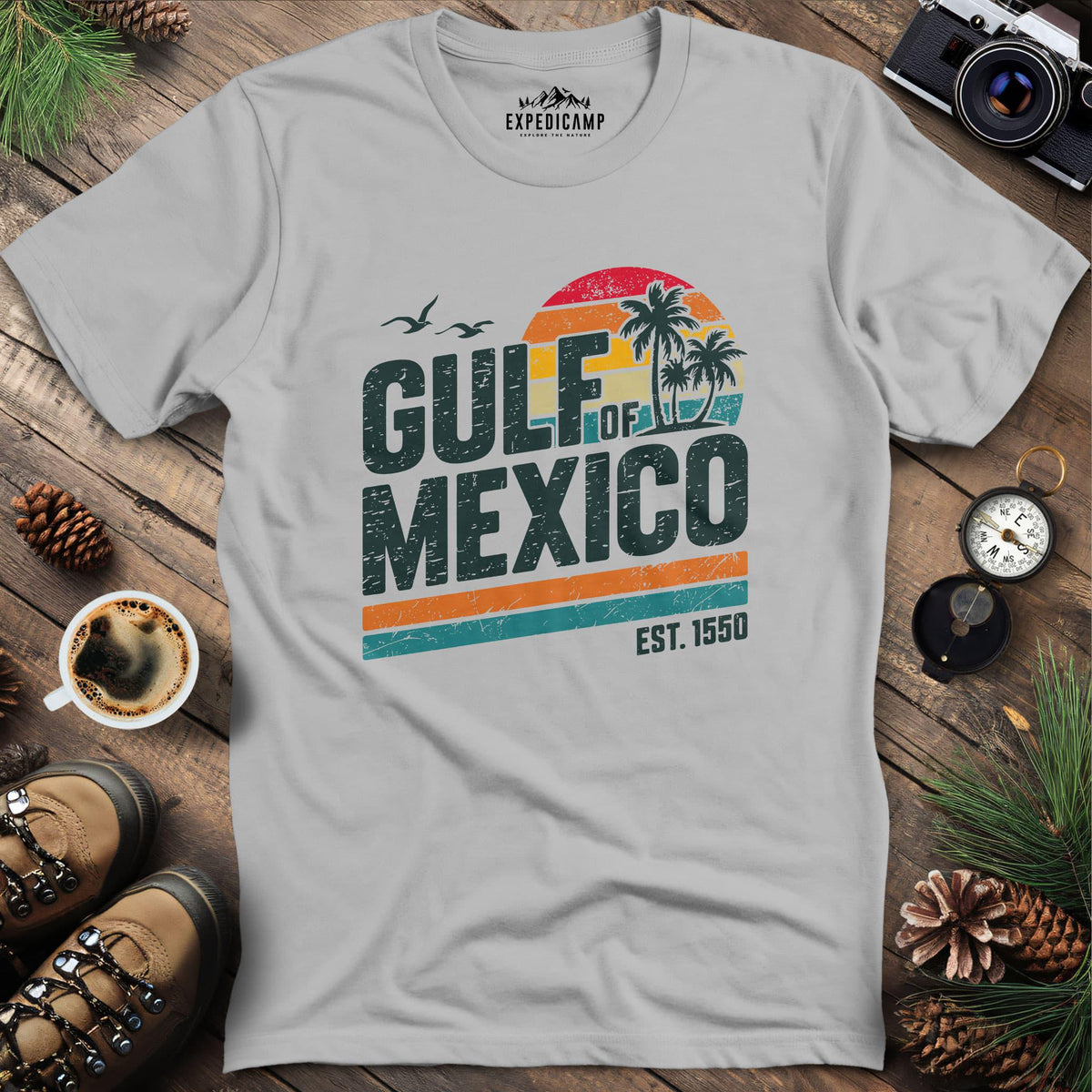 Gulf of Mexico Vintage Sunset T-Shirt – Ice Grey – Outdoor apparel for travel, hiking, camping, and nature lovers – ExpediCamp