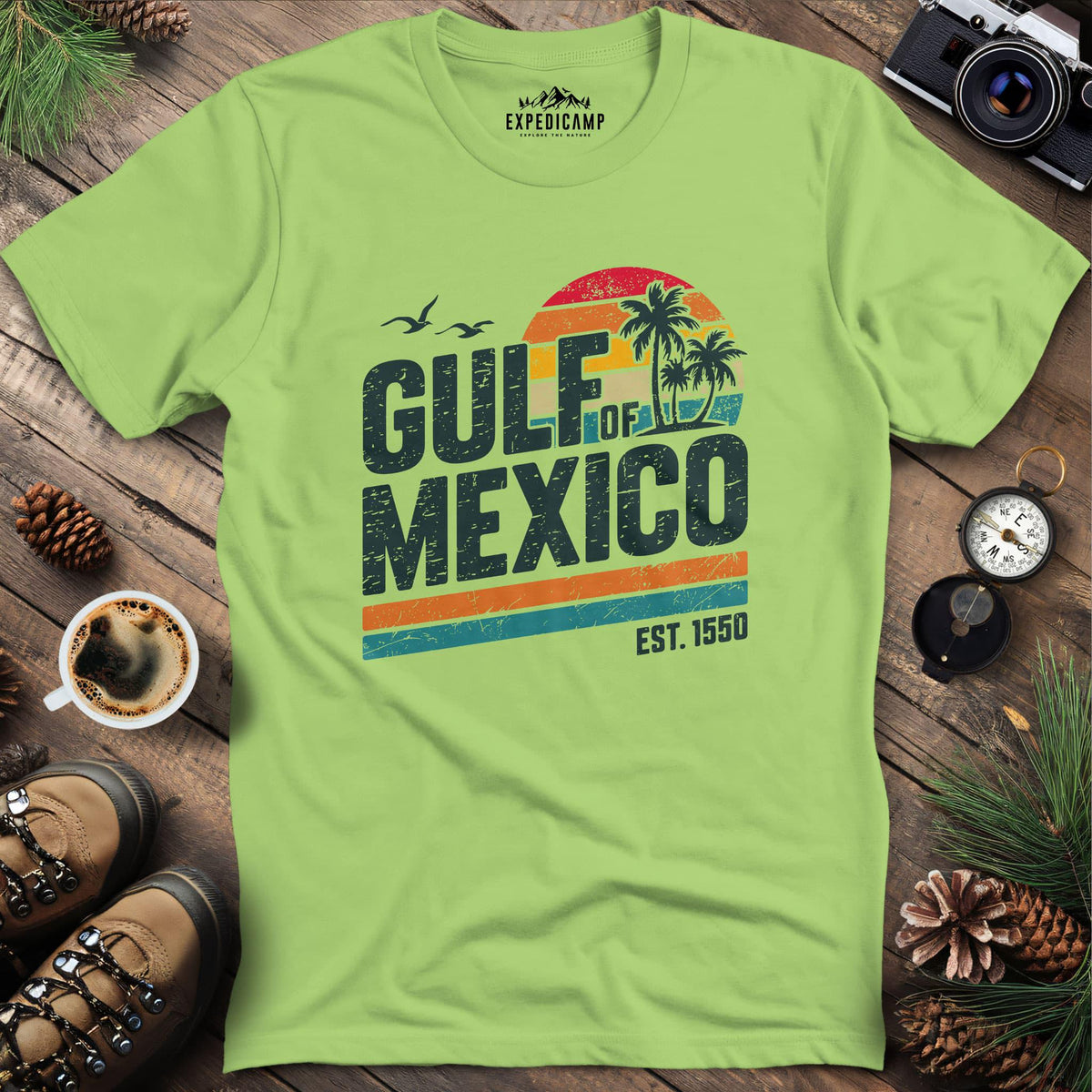 Gulf of Mexico Vintage Sunset T-Shirt – Kiwi – Outdoor apparel for travel, hiking, camping, and nature lovers – ExpediCamp
