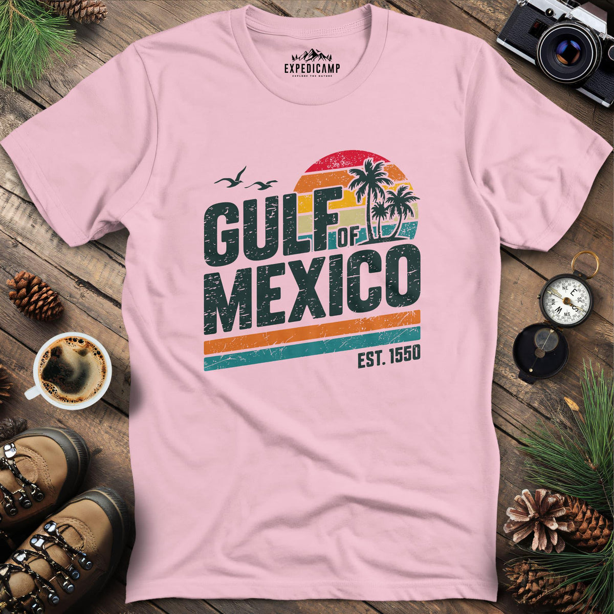 Gulf of Mexico Vintage Sunset T-Shirt – Light Pink – Outdoor apparel for travel, hiking, camping, and nature lovers – ExpediCamp