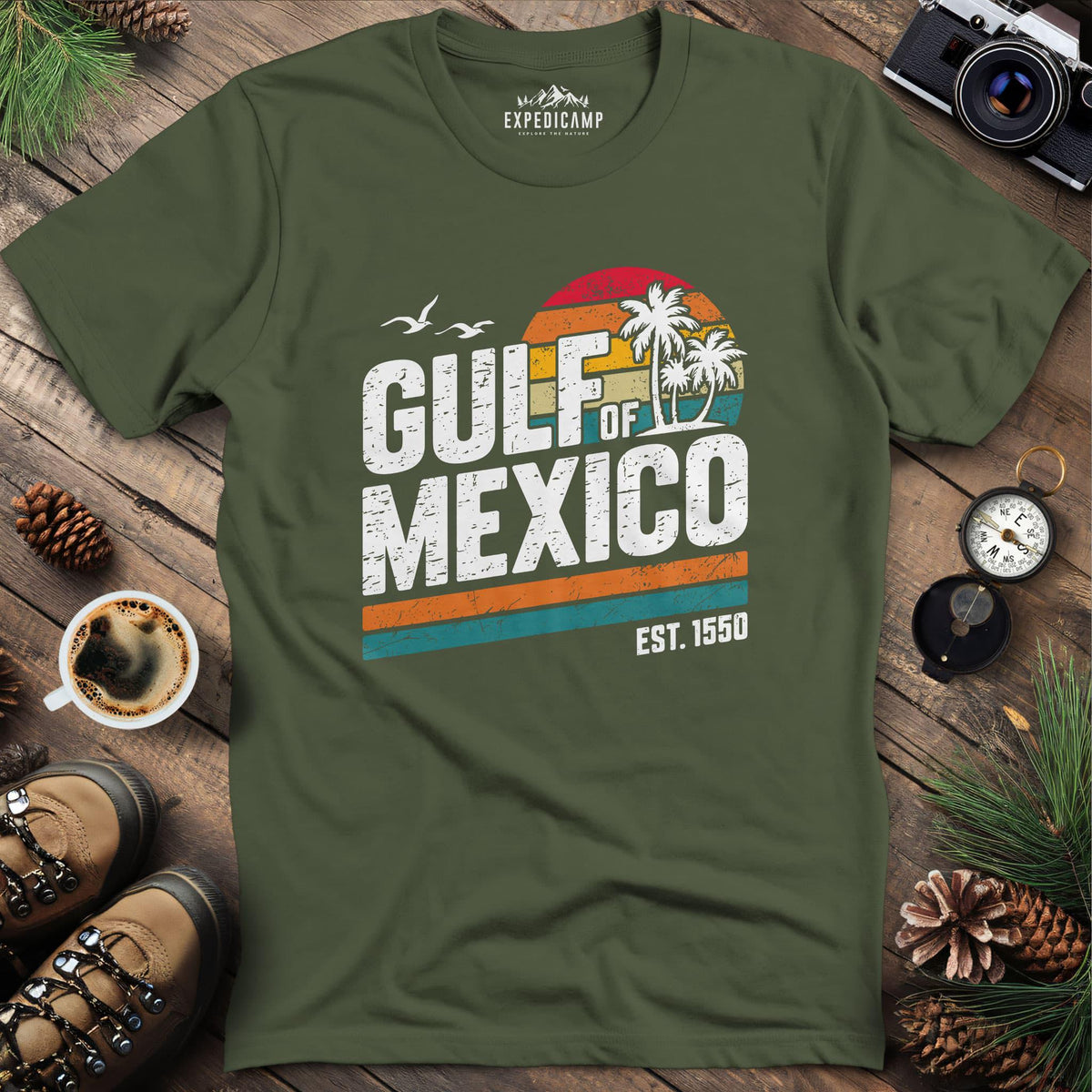 Gulf of Mexico Vintage Sunset T-Shirt – Military Green – Outdoor apparel for travel, hiking, camping, and nature lovers – ExpediCamp