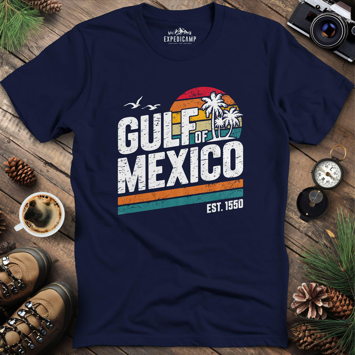 Gulf of Mexico Vintage Sunset T-Shirt – Navy – Outdoor apparel for travel, hiking, camping, and nature lovers – ExpediCamp