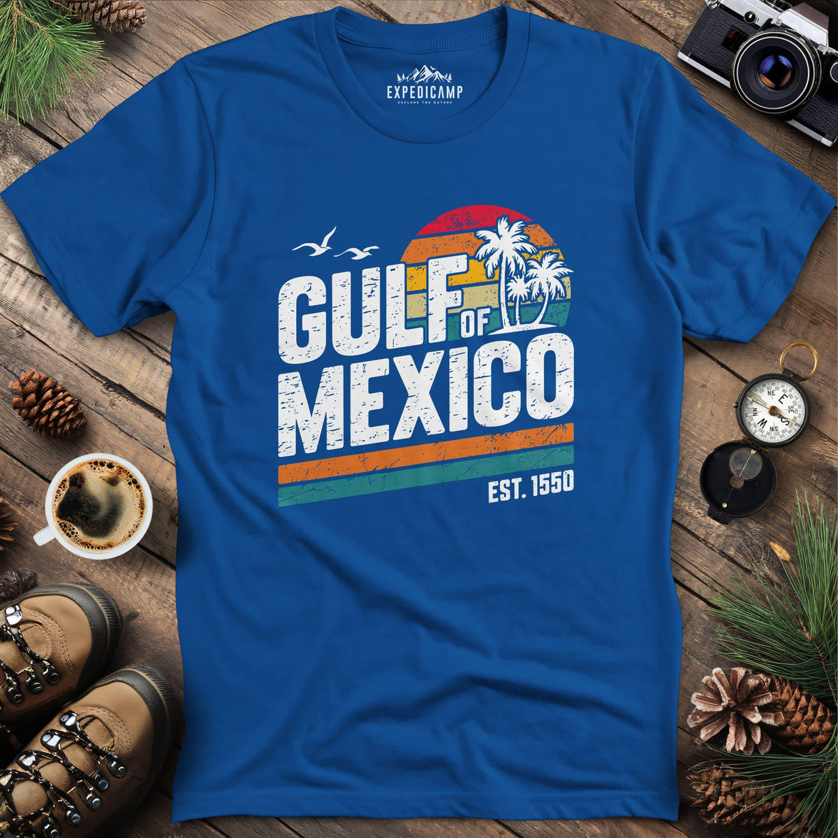 Gulf of Mexico Vintage Sunset T-Shirt – Royal – Outdoor apparel for travel, hiking, camping, and nature lovers – ExpediCamp