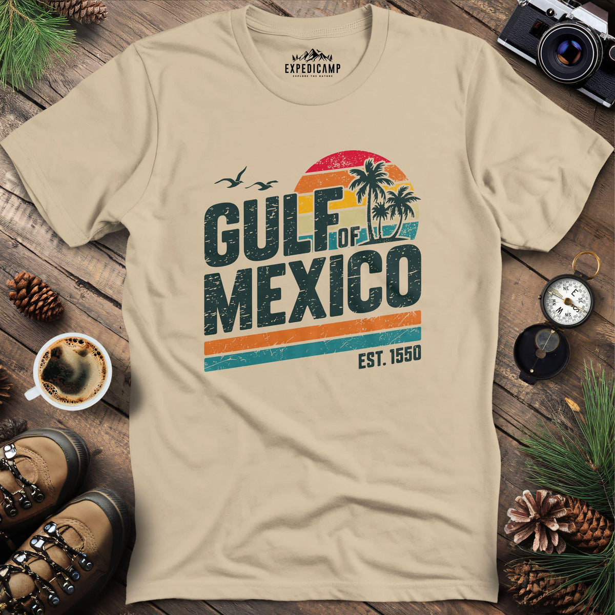 Gulf of Mexico Vintage Sunset T-Shirt – Sand – Outdoor apparel for travel, hiking, camping, and nature lovers – ExpediCamp