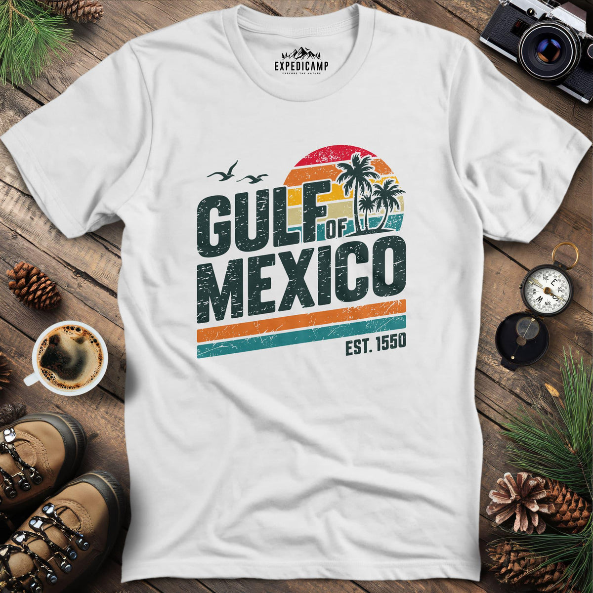 Gulf of Mexico Vintage Sunset T-Shirt – White – Outdoor apparel for travel, hiking, camping, and nature lovers – ExpediCamp