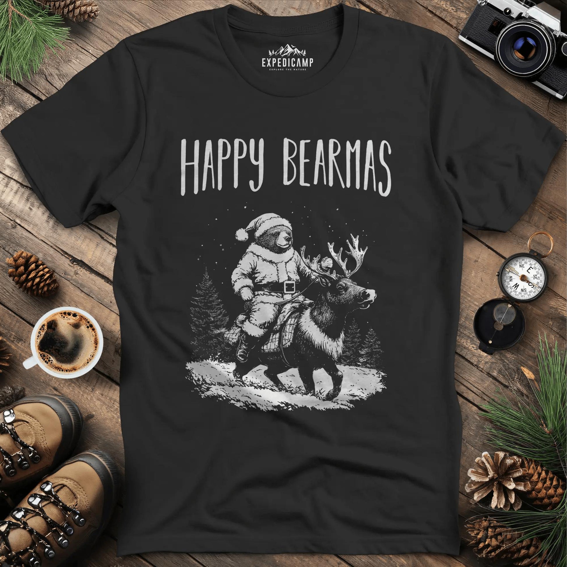 Happy Bearmas T-Shirt – Black – Outdoor apparel for travel, hiking, camping, and nature lovers – ExpediCamp