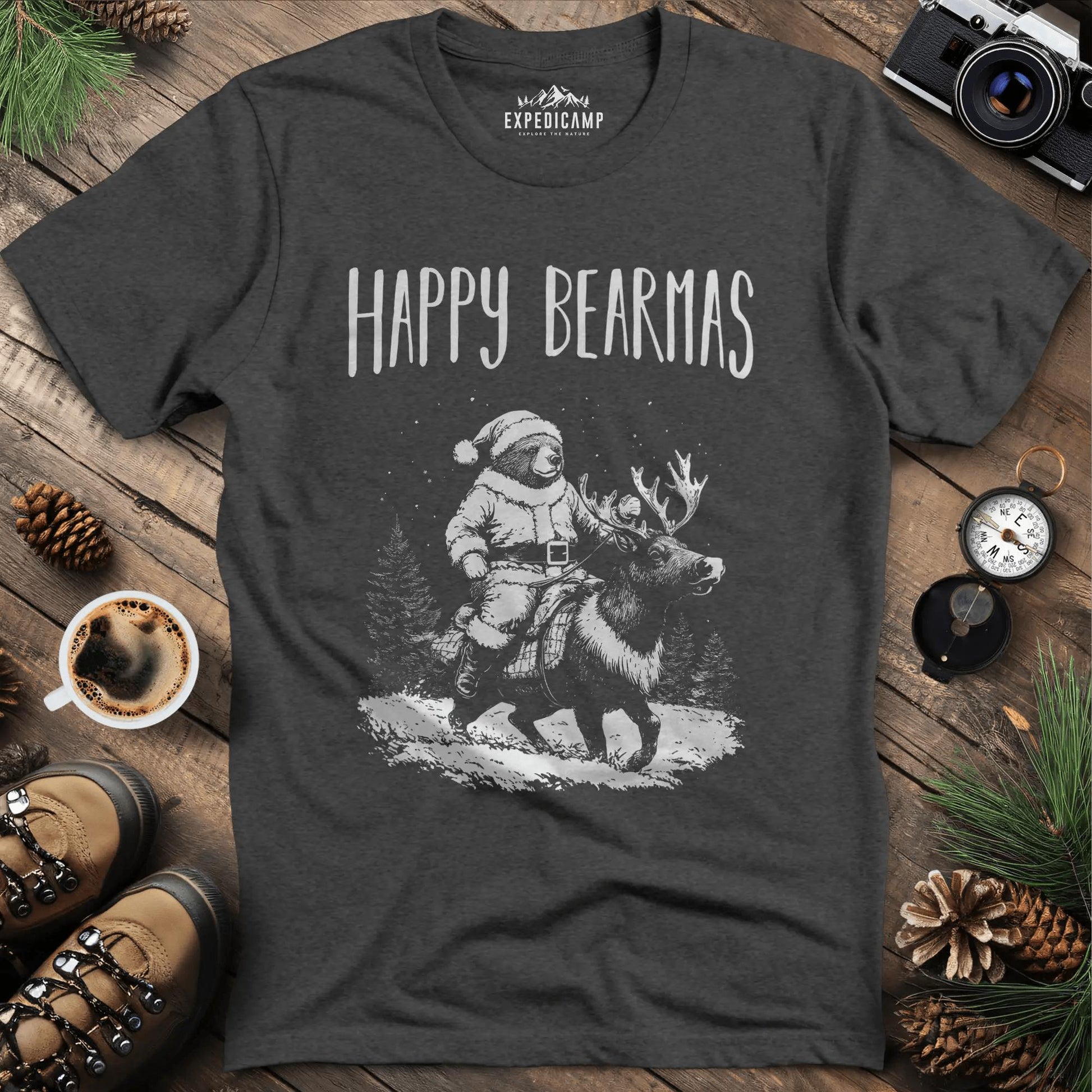 Happy Bearmas T-Shirt – Dark Heather – Outdoor apparel for travel, hiking, camping, and nature lovers – ExpediCamp