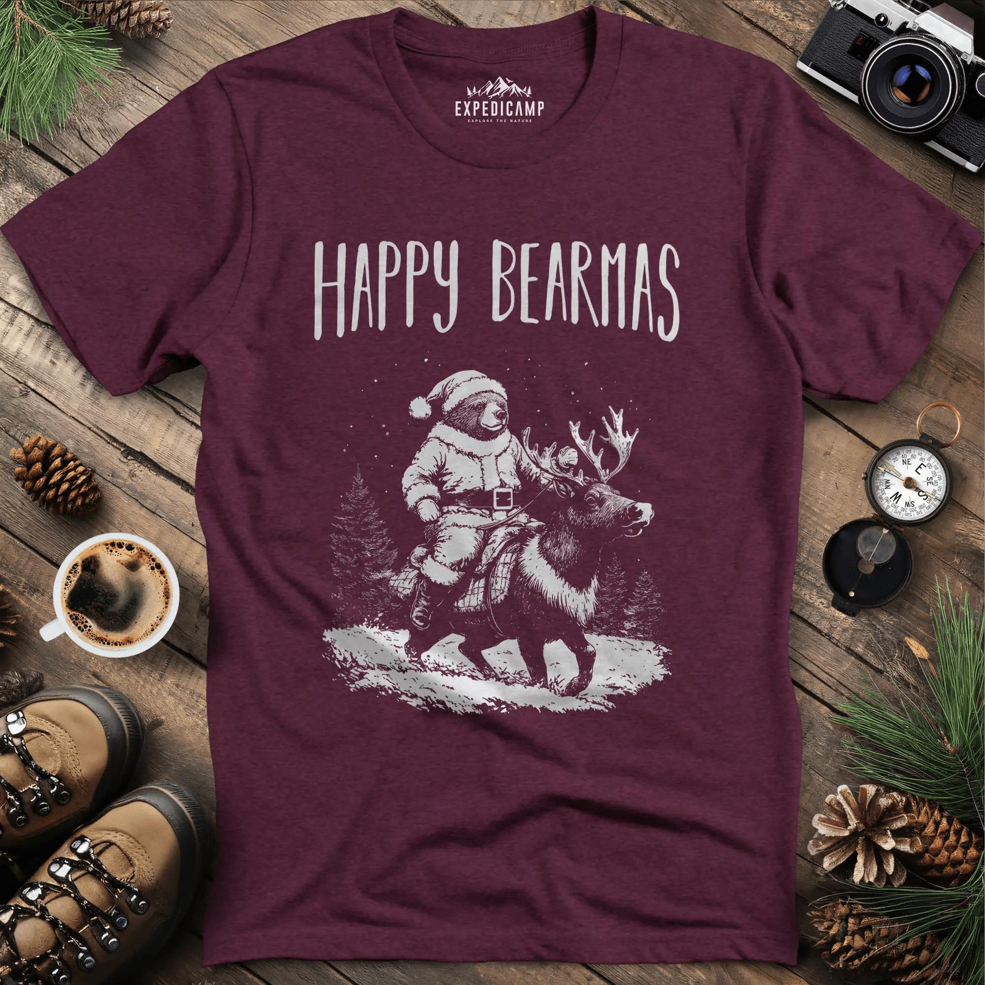 Happy Bearmas T-Shirt – Heather Maroon – Outdoor apparel for travel, hiking, camping, and nature lovers – ExpediCamp