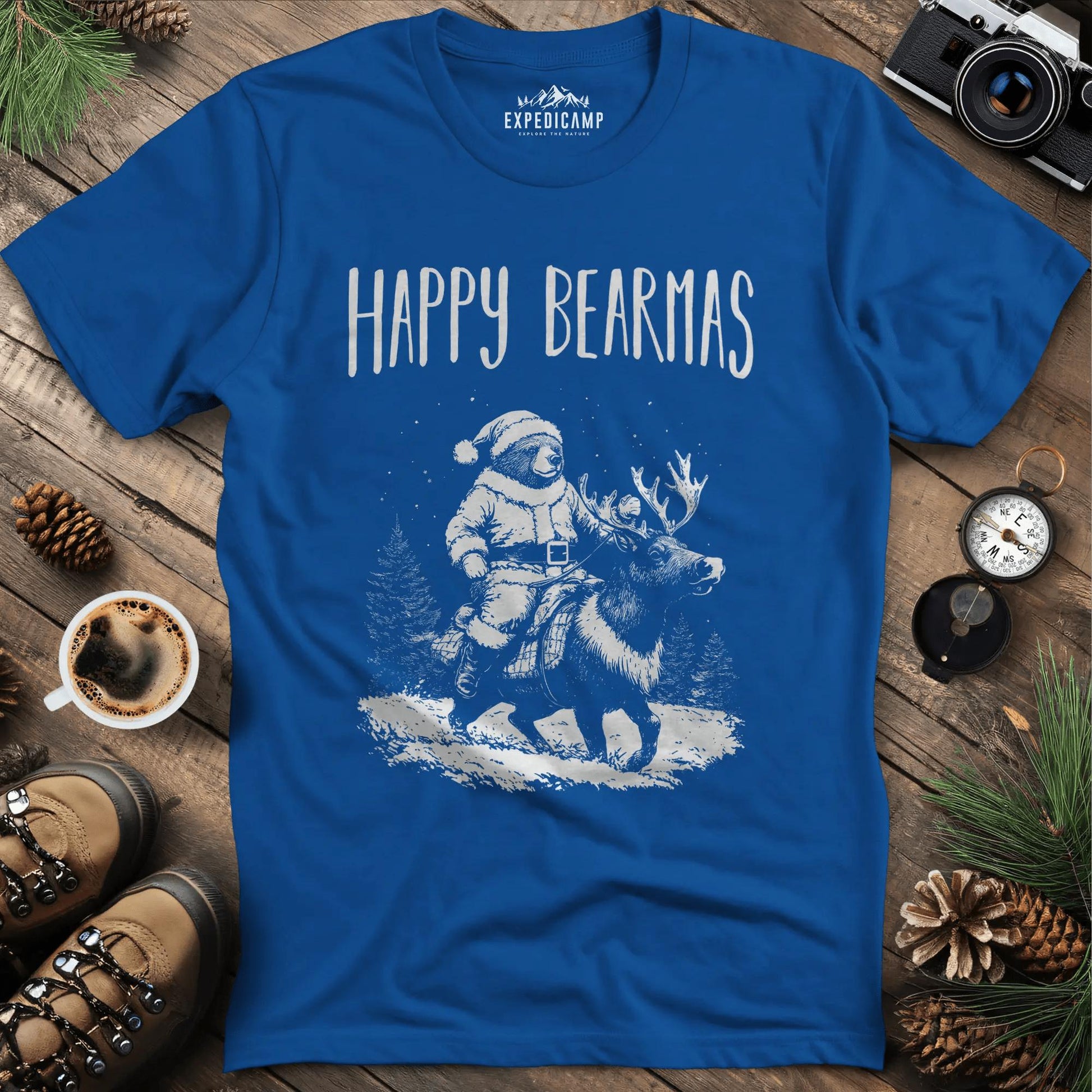 Happy Bearmas T-Shirt – Royal – Outdoor apparel for travel, hiking, camping, and nature lovers – ExpediCamp