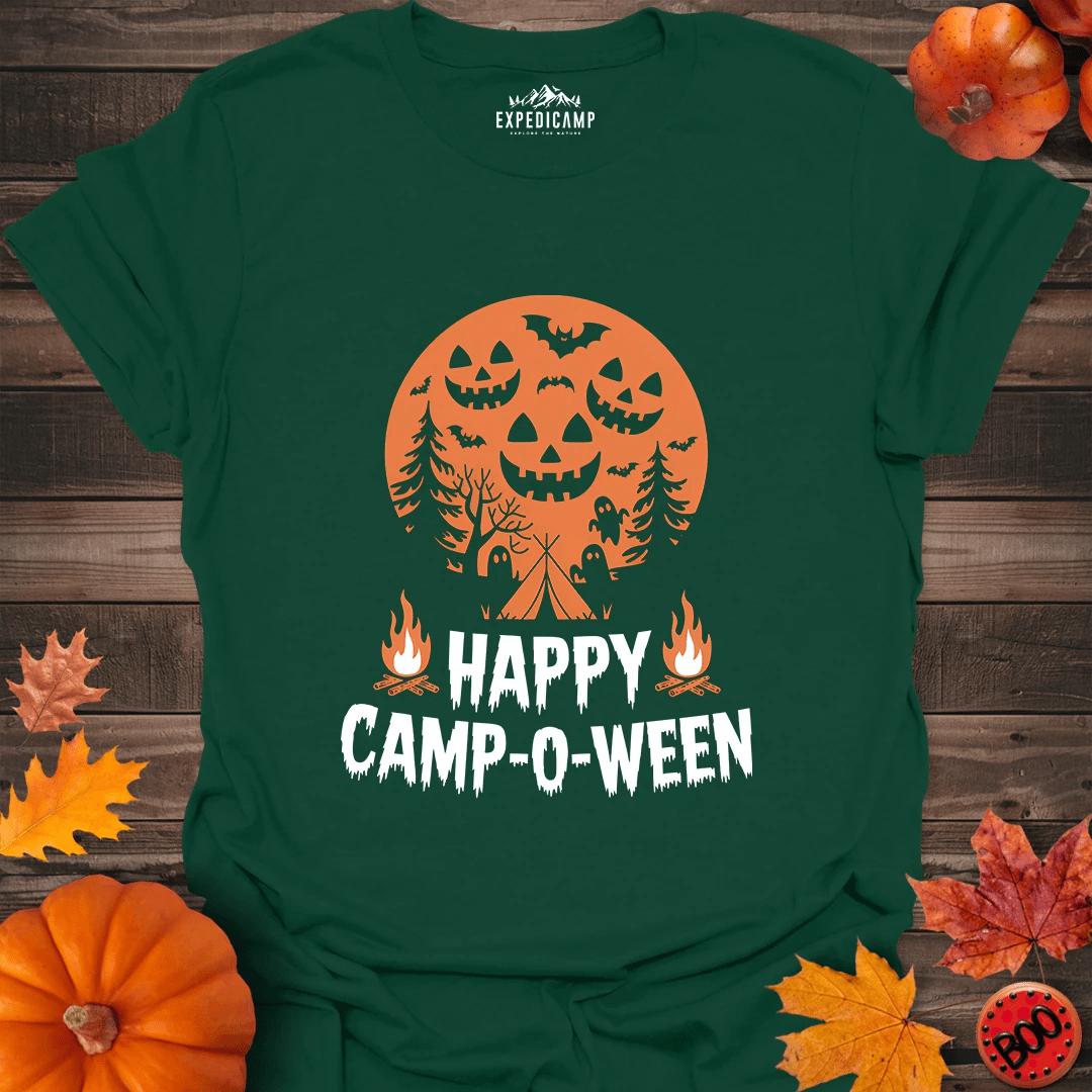 Happy Camp-o-ween T-Shirt – Forest Green – Outdoor apparel for travel, hiking, camping, and nature lovers – ExpediCamp