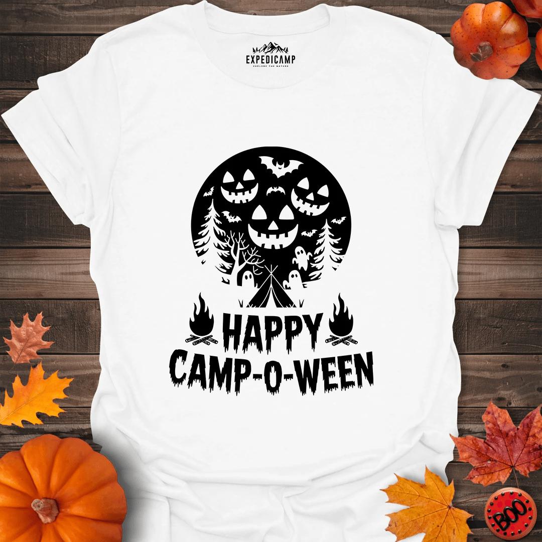 Happy Camp-o-ween T-Shirt – White – Outdoor apparel for travel, hiking, camping, and nature lovers – ExpediCamp