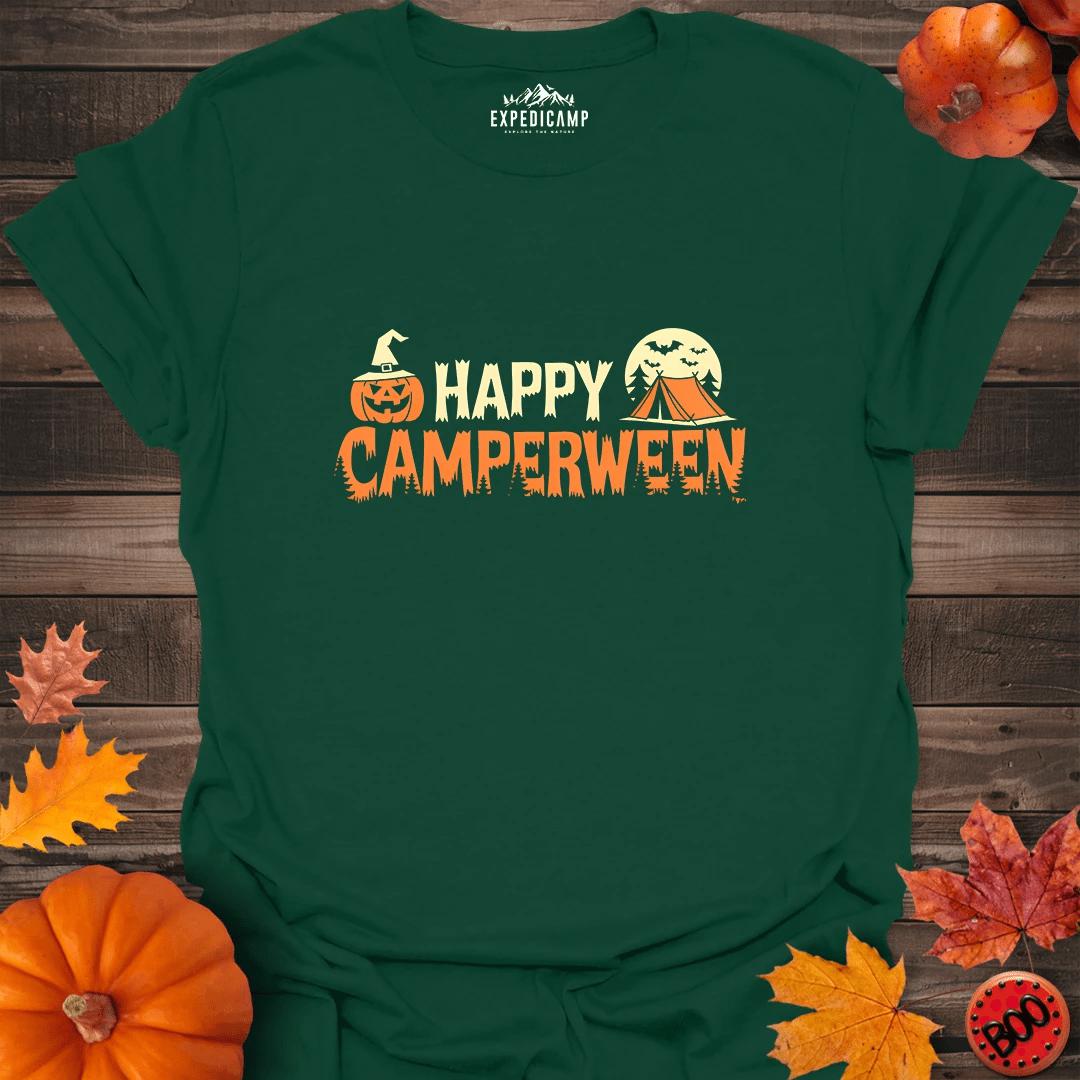 Happy Camperween T-Shirt – Forest Green – Outdoor apparel for travel, hiking, camping, and nature lovers – ExpediCamp