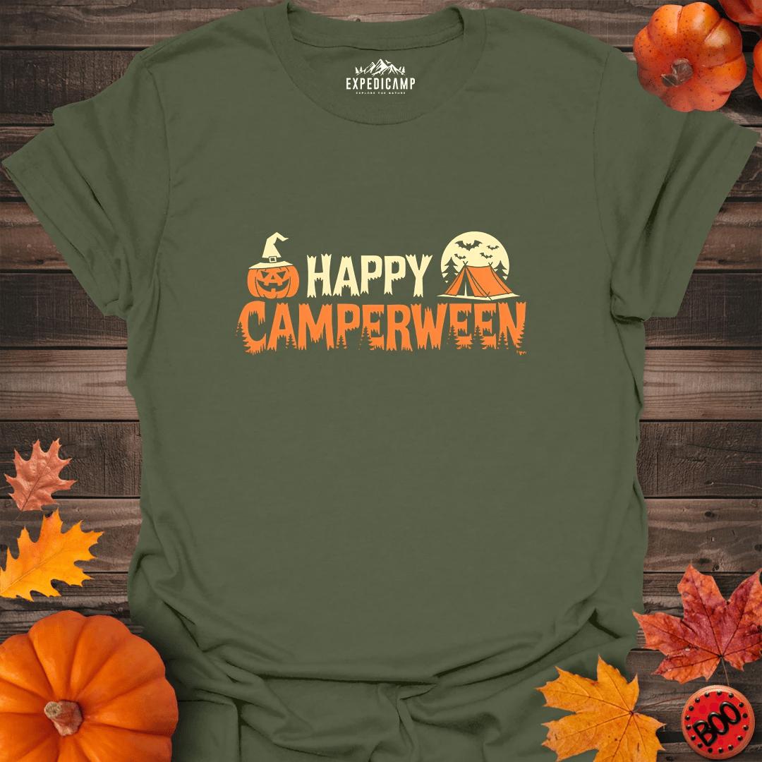 Happy Camperween T-Shirt – Military Green – Outdoor apparel for travel, hiking, camping, and nature lovers – ExpediCamp
