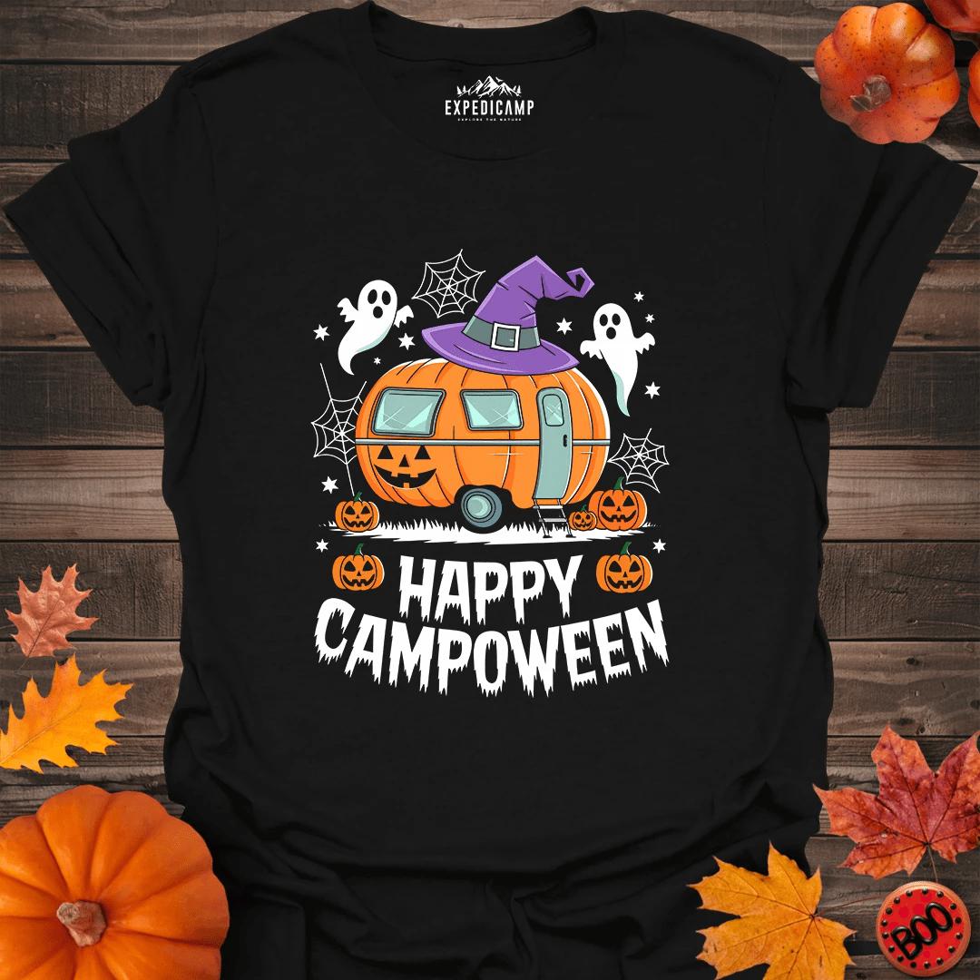 Happy Campoween T-Shirt – Black – Outdoor apparel for travel, hiking, camping, and nature lovers – ExpediCamp