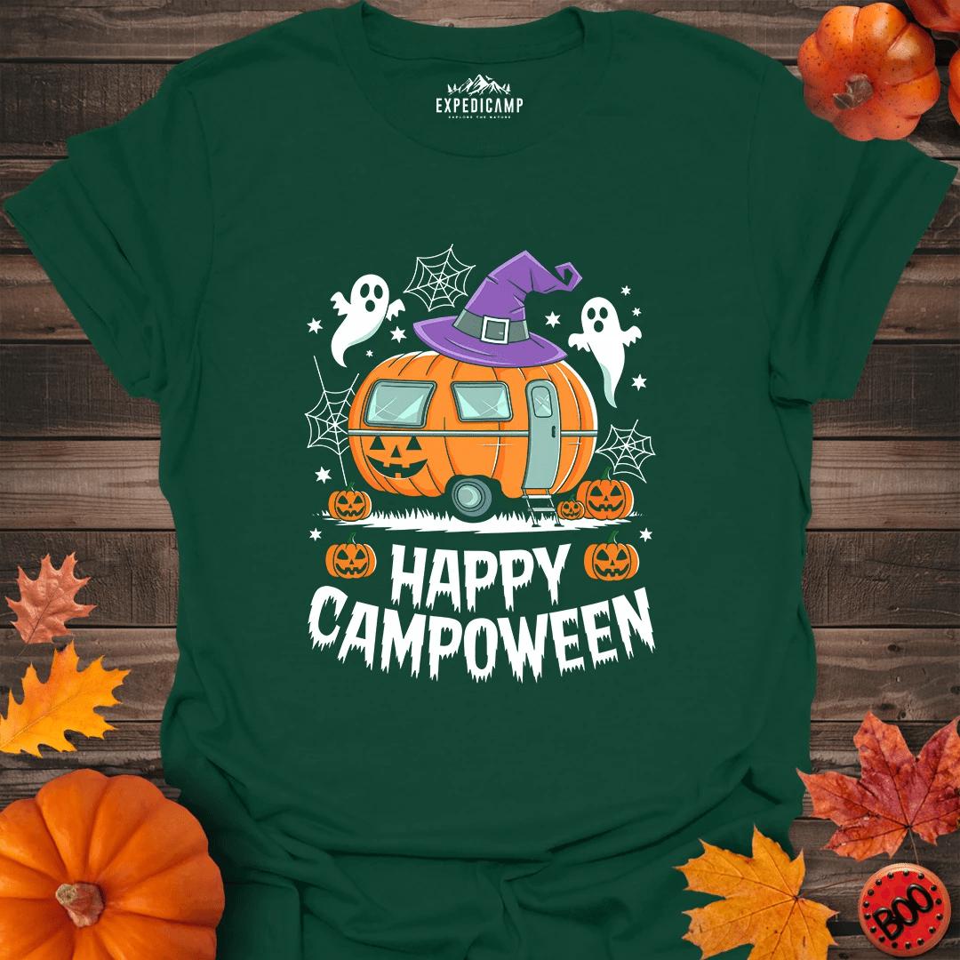 Happy Campoween T-Shirt – Forest Green – Outdoor apparel for travel, hiking, camping, and nature lovers – ExpediCamp