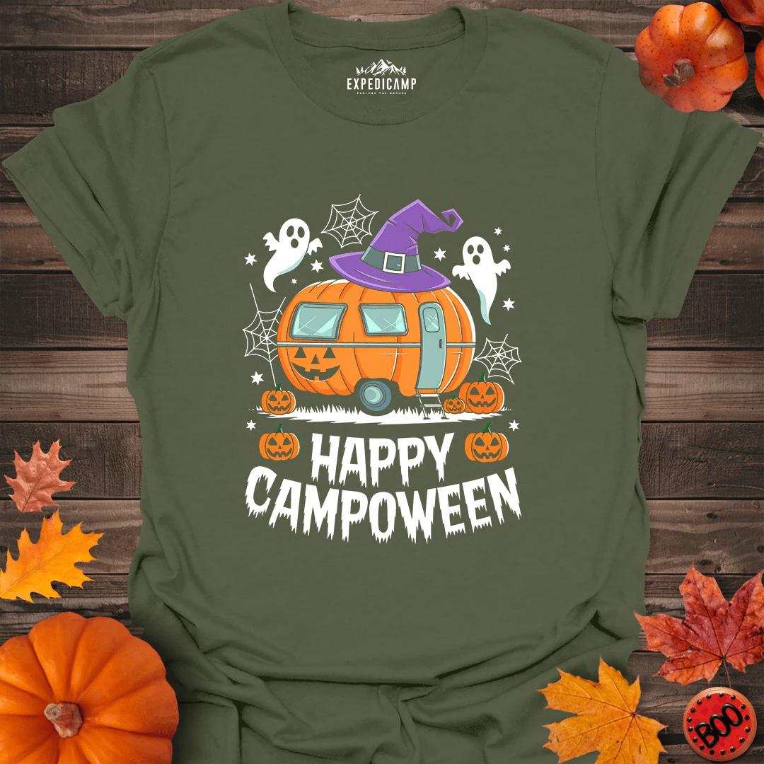 Happy Campoween T-Shirt – Military Green – Outdoor apparel for travel, hiking, camping, and nature lovers – ExpediCamp